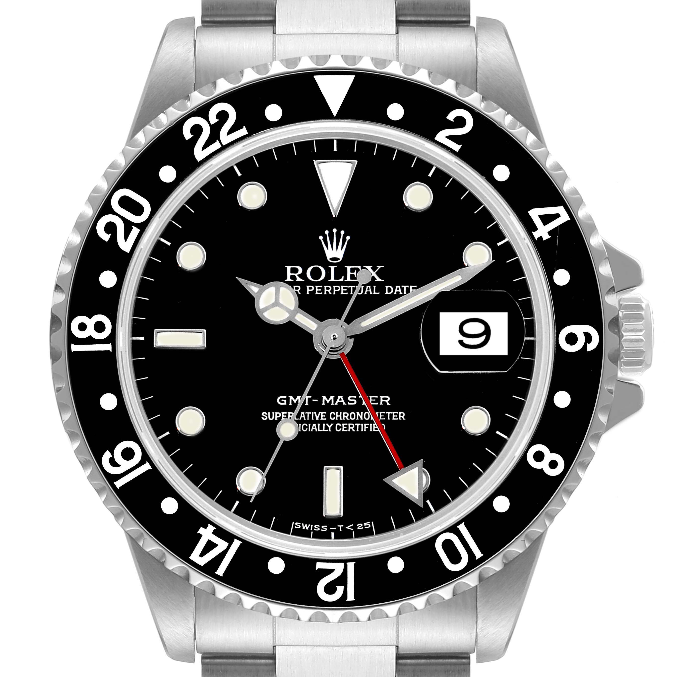 This image shows a front view of the Rolex GMT-Master 16700 Men's Stainless Steel Black Dial 16700 Men's Stainless Steel Black Dial watch, detailing its black dial, bezel, hour markers, and date window.