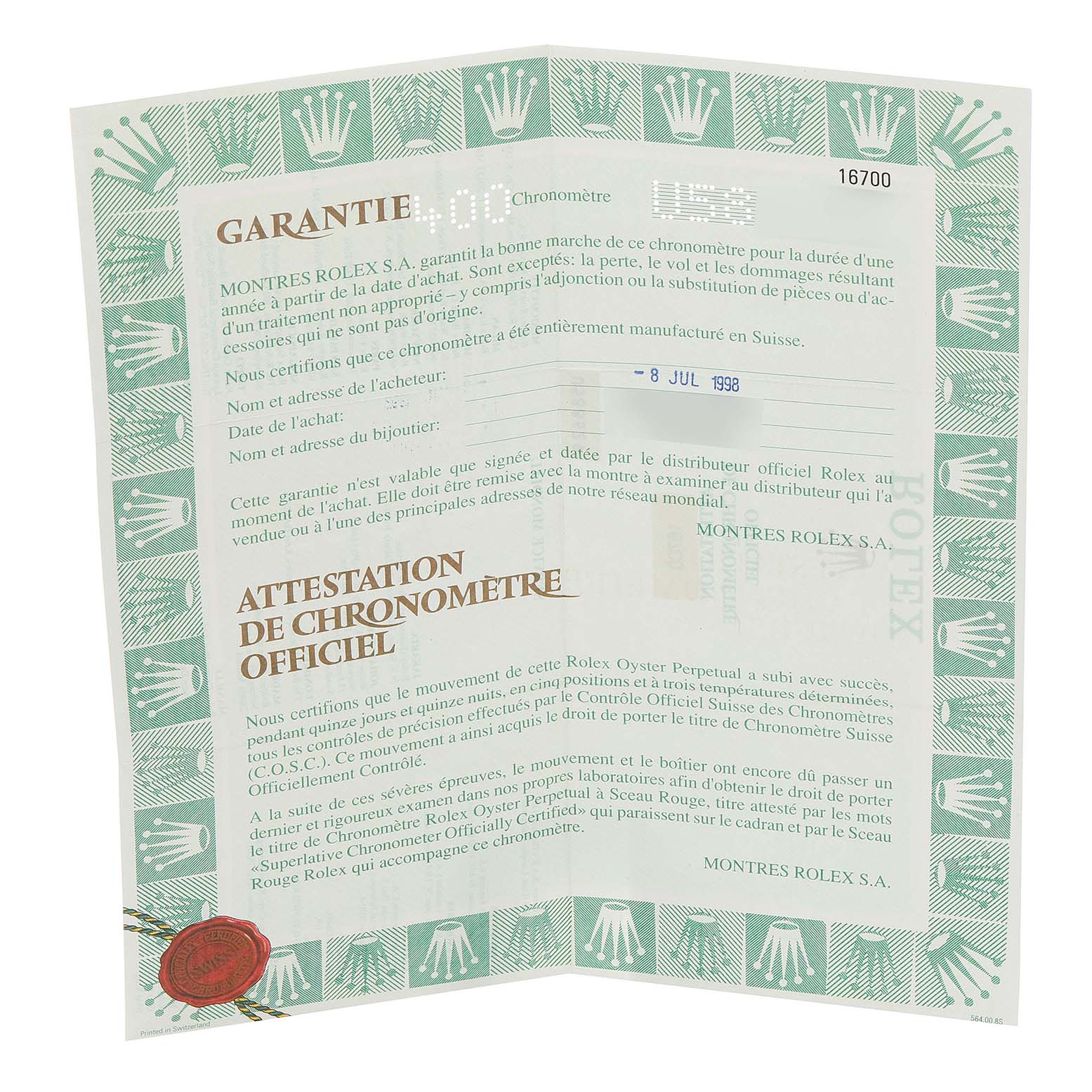 The image shows the warranty and official chronometer certification paperwork for the Rolex GMT-Master 16700 Men's Stainless Steel Black Dial 16700 Men's Stainless Steel Black Dial watch model.