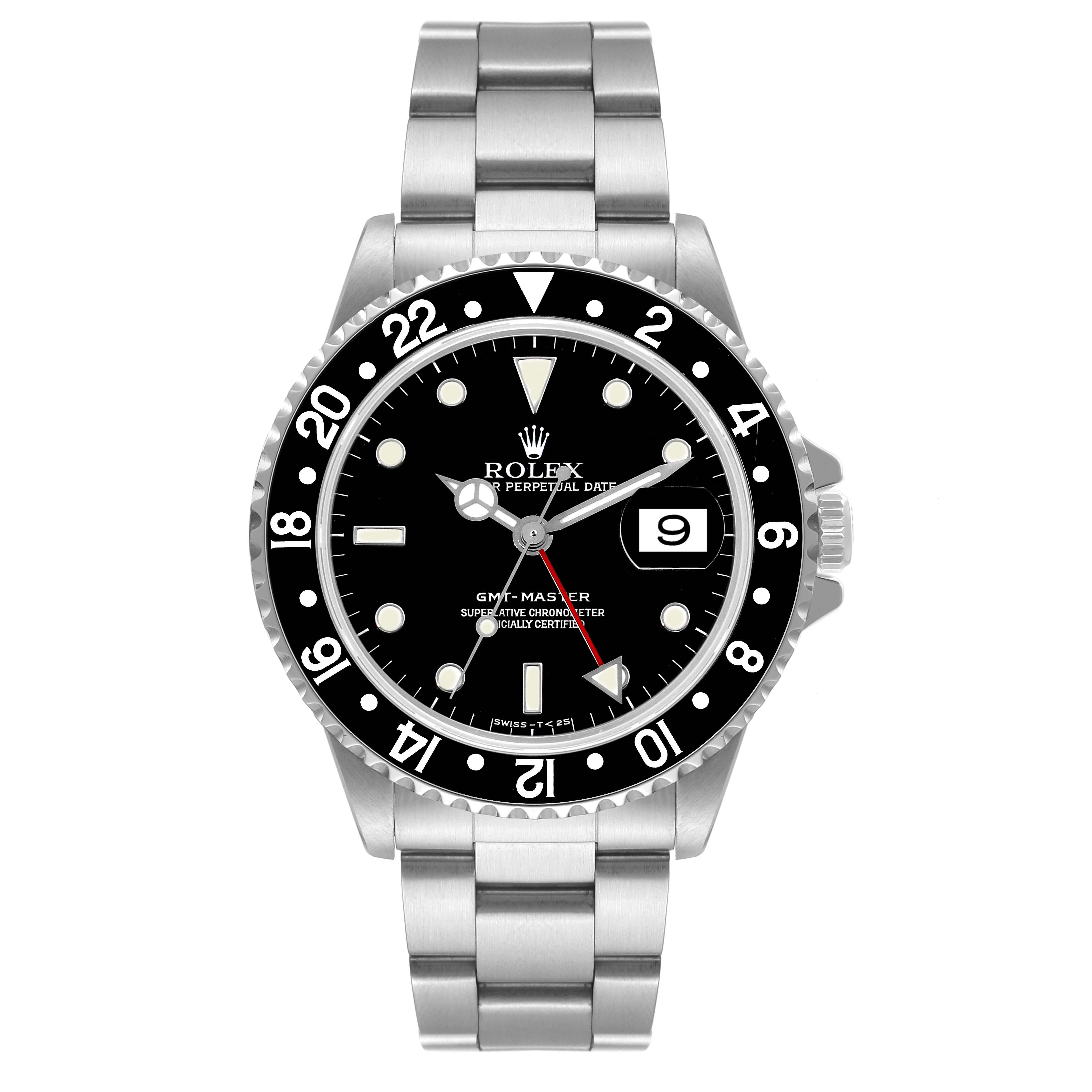 This is a front view of the Rolex GMT-Master 16700 Men's Stainless Steel Black Dial 16700 Men's Stainless Steel Black Dial watch, showing the dial, bezel, bracelet, and crown.