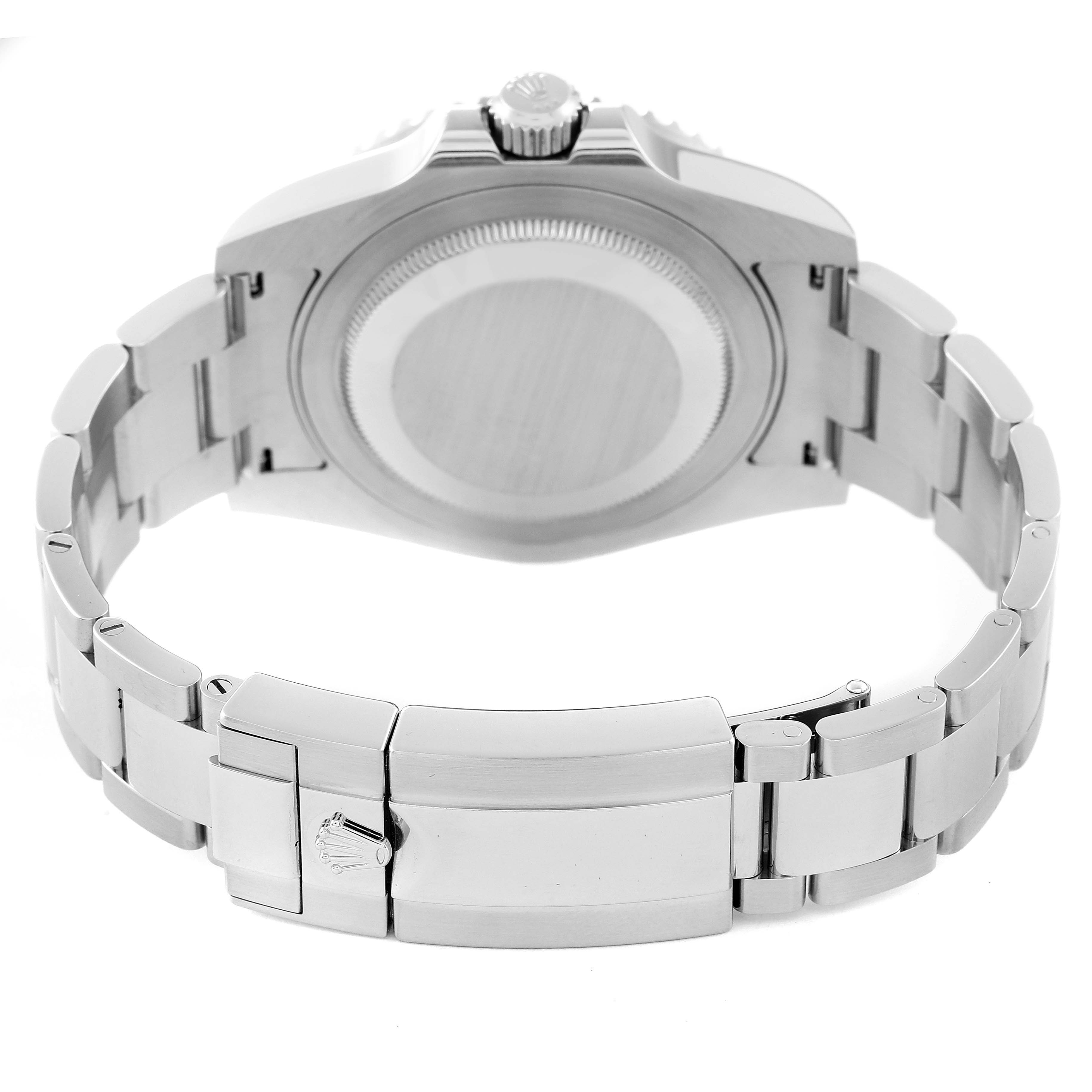 This image shows the back case and bracelet clasp of a Rolex GMT-Master 116710 Men's Stainless Steel Black Dial 116710 Men's Stainless Steel Black Dial watch from a bottom rear angle.