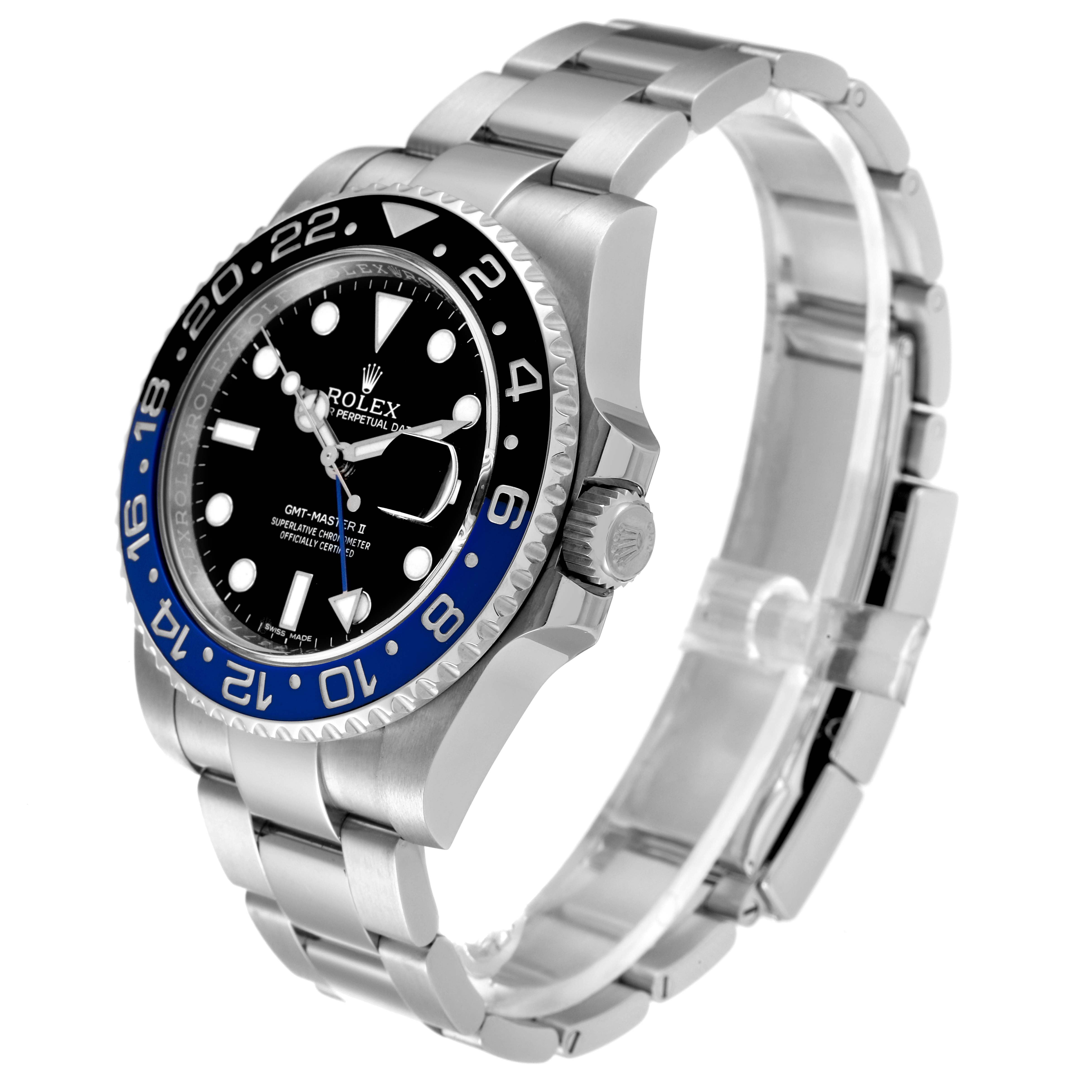 This image shows a side angle of the Rolex GMT-Master 116710 Men's Stainless Steel Black Dial 116710 Men's Stainless Steel Black Dial watch, highlighting the bezel, dial, crown, and bracelet.