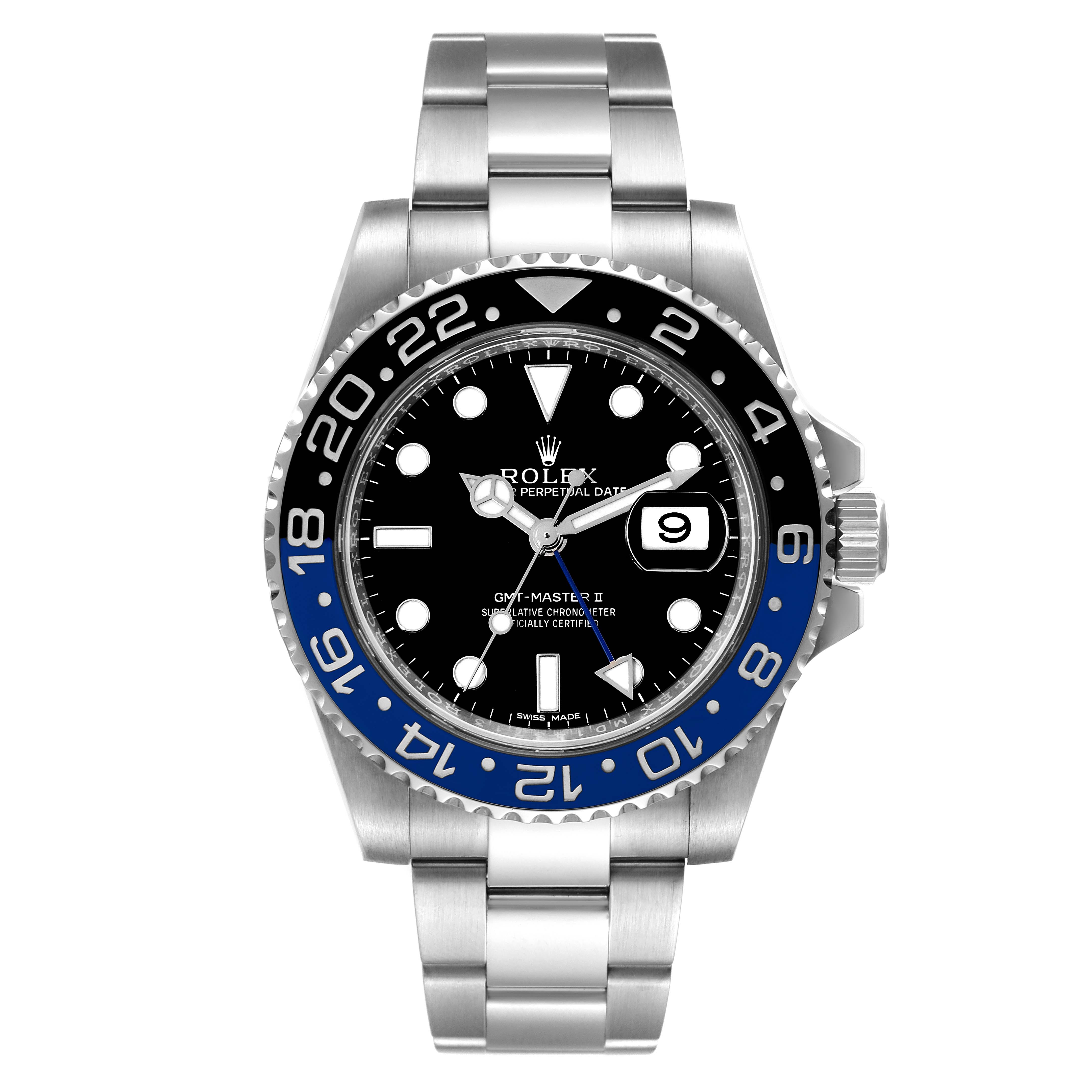 The image shows a front view of a Rolex GMT-Master 116710 Men's Stainless Steel Black Dial 116710 Men's Stainless Steel Black Dial II watch, displaying the face, bezel, crown, and bracelet.