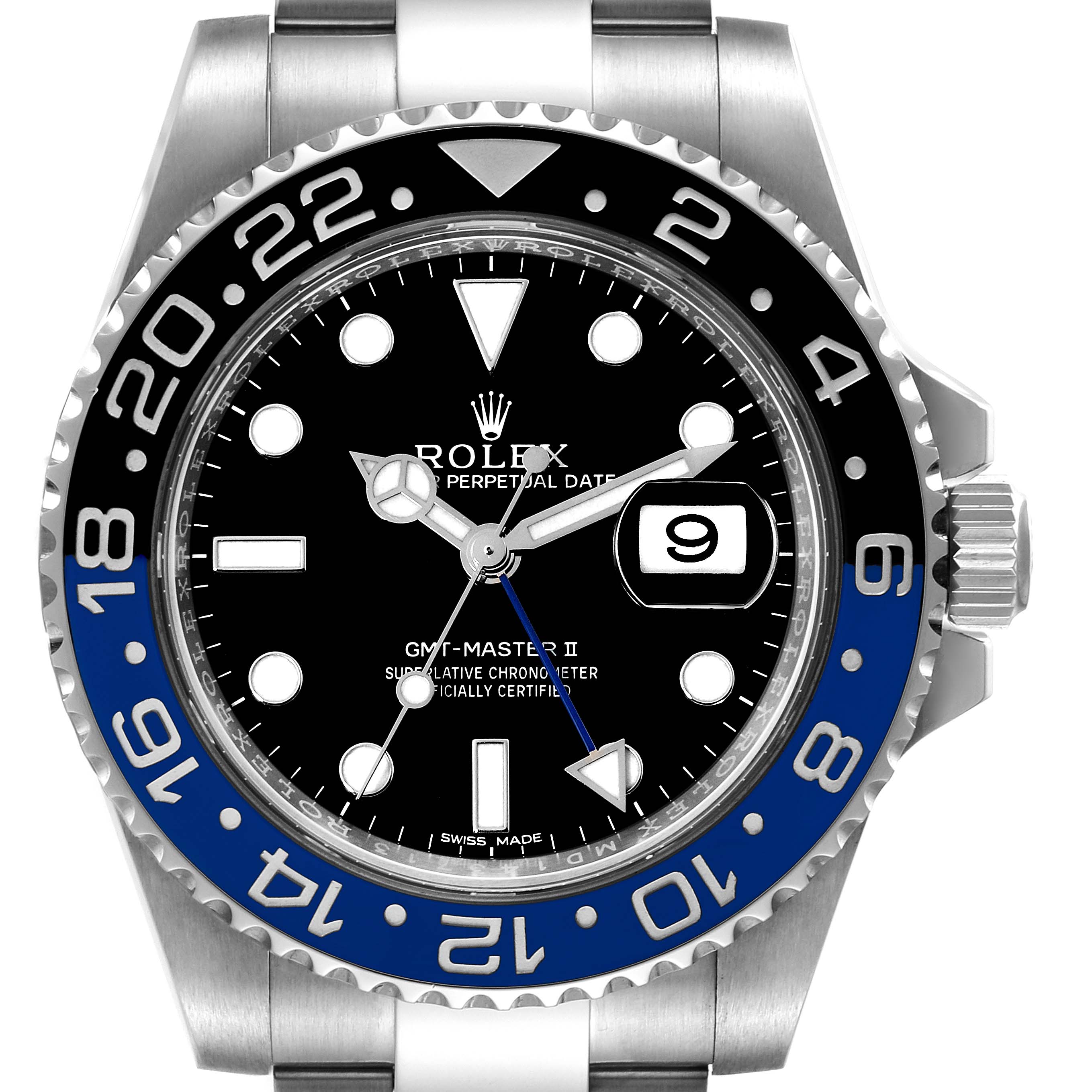 Front view of a Rolex GMT-Master 116710 Men's Stainless Steel Black Dial 116710 Men's Stainless Steel Black Dial II showing the dial, bezel, and part of the bracelet.