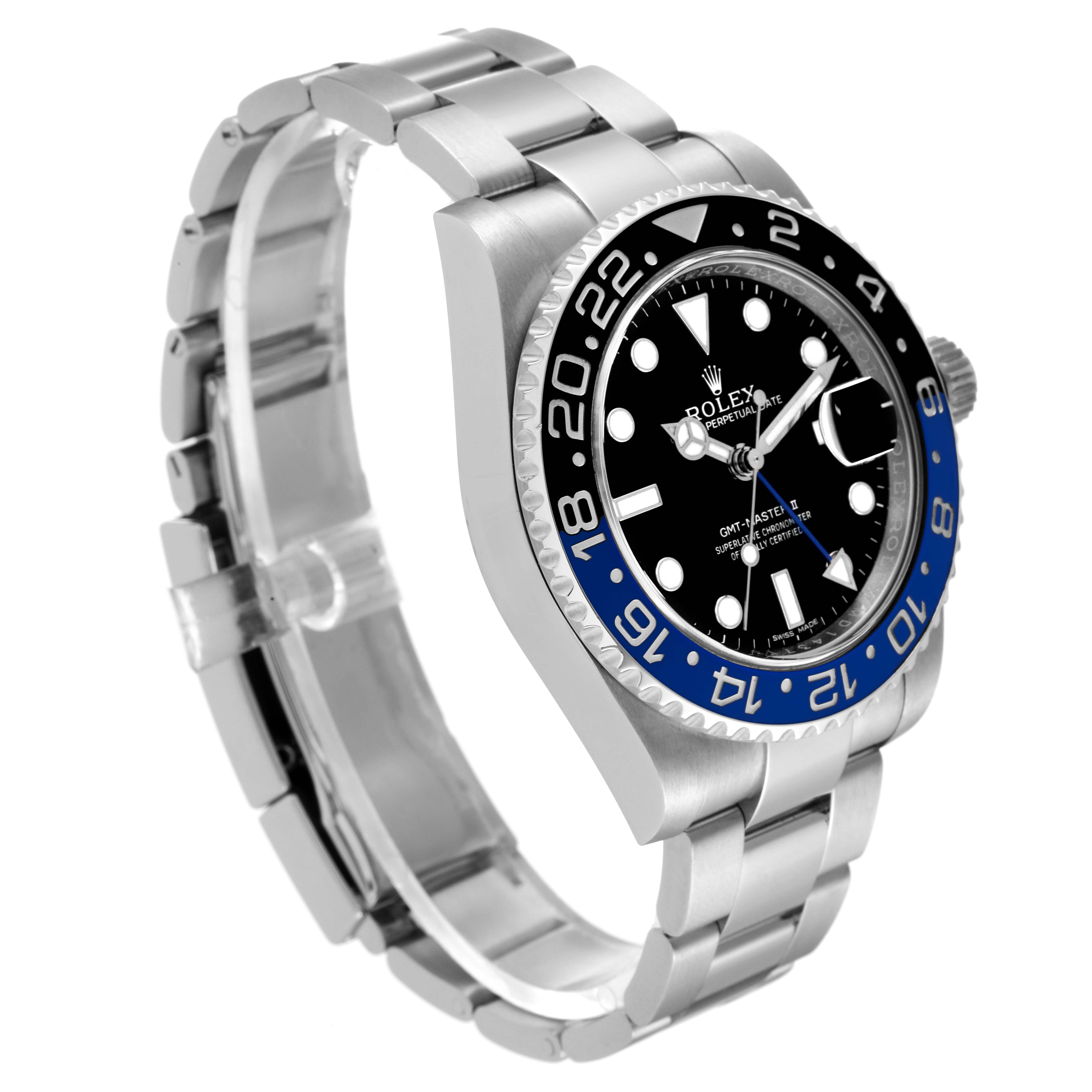 The image shows a side view of a Rolex GMT-Master 116710 Men's Stainless Steel Black Dial 116710 Men's Stainless Steel Black Dial watch, displaying its bracelet, bezel, and dial.
