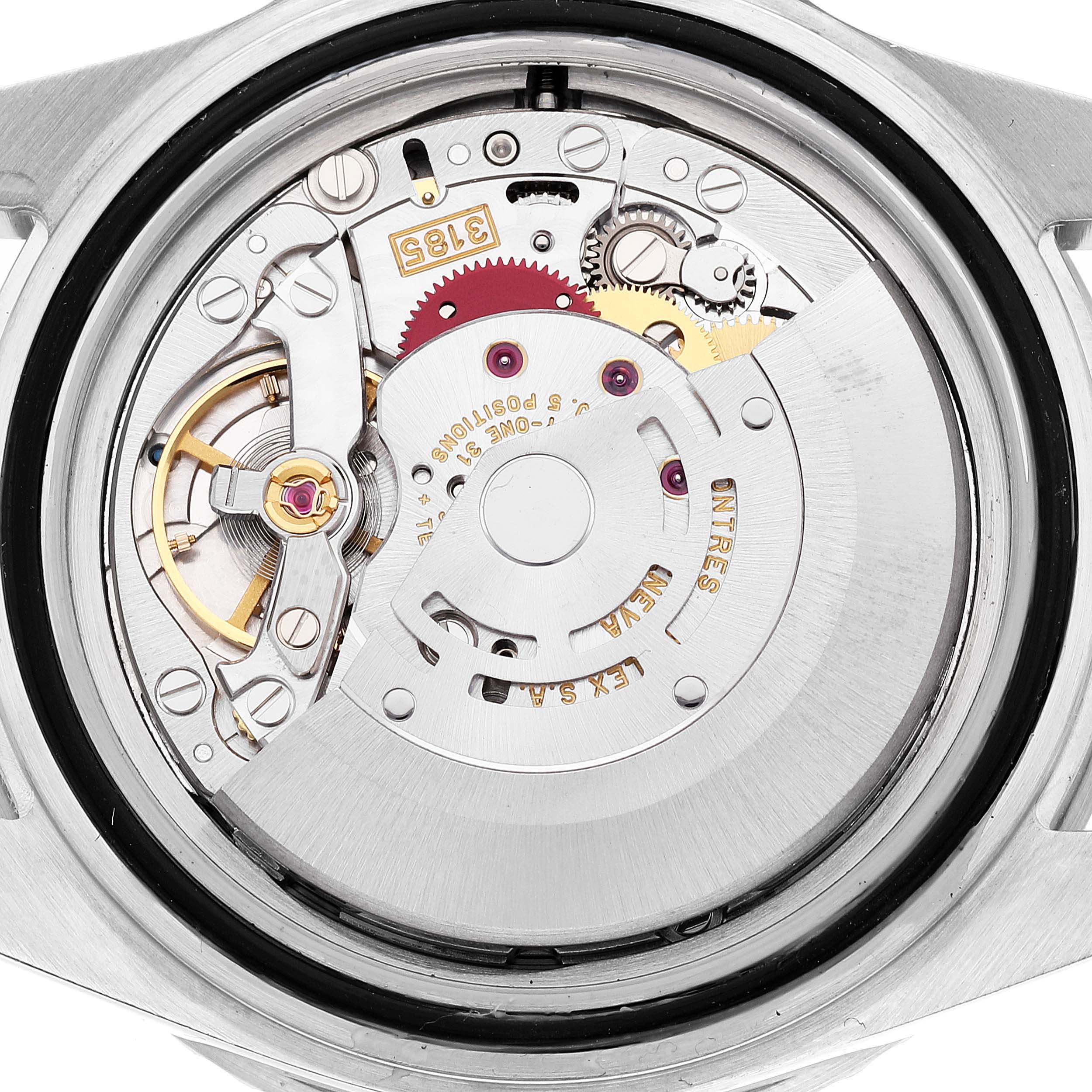 This image shows the back of a Rolex GMT-Master 16710 Men
s Stainless Steel Black Dial 16710 Men
s Stainless Steel Black Dial watch, revealing its internal mechanical movements and components.