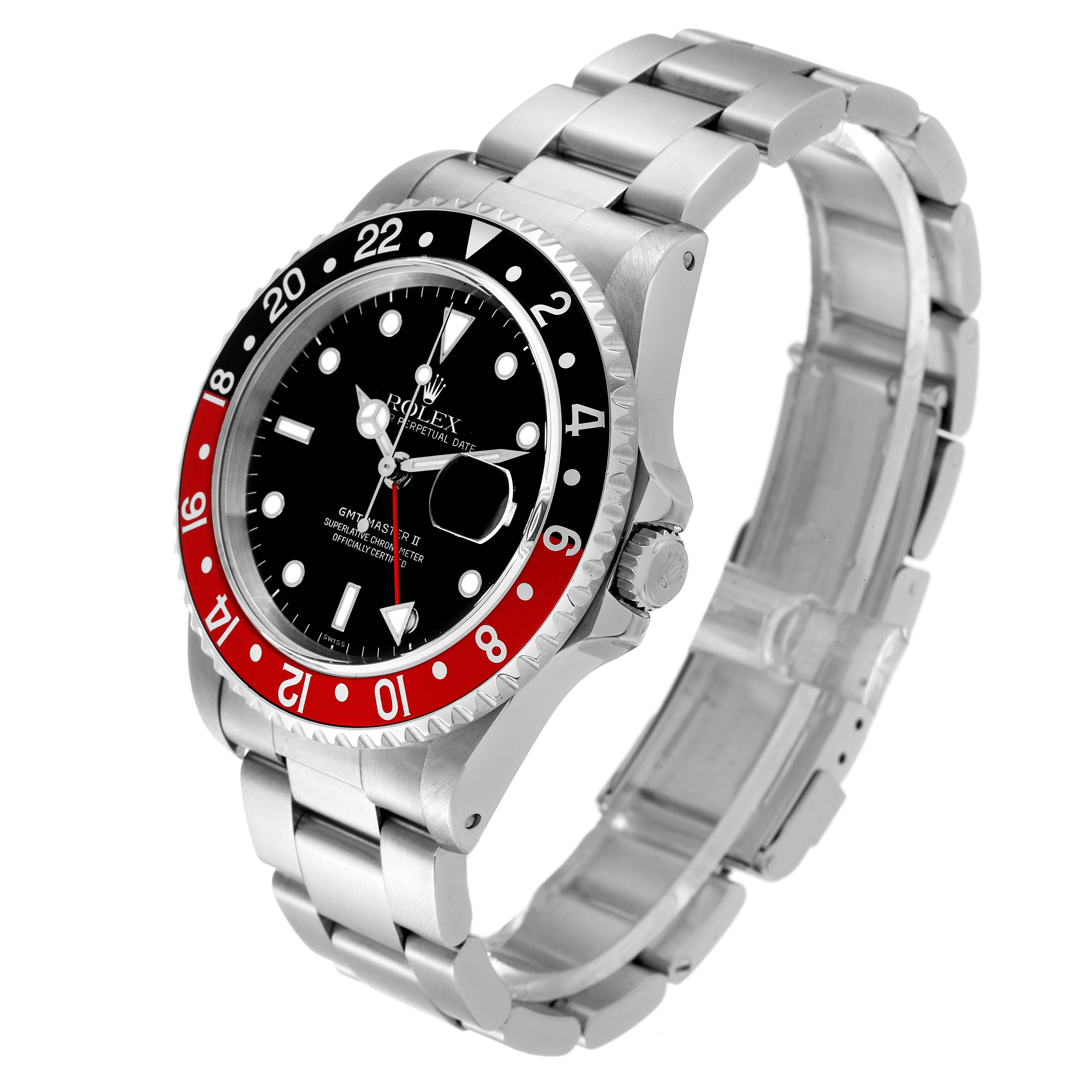 This image shows a side angle of the Rolex GMT-Master 16710 Men
s Stainless Steel Black Dial 16710 Men
s Stainless Steel Black Dial watch, highlighting its bezel, dial, and stainless steel bracelet.