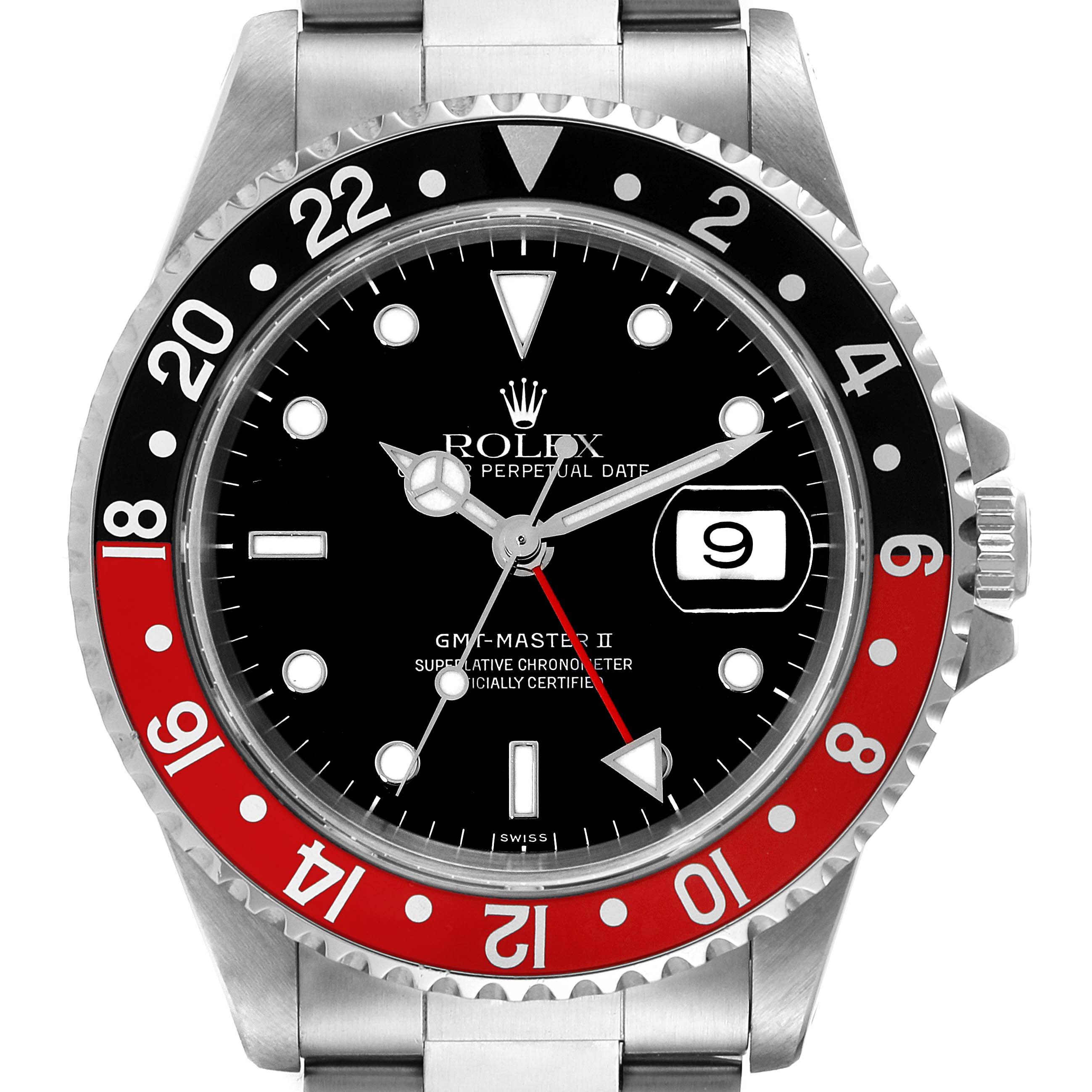The image shows a front view of a Rolex GMT-Master 16710 Men
s Stainless Steel Black Dial 16710 Men
s Stainless Steel Black Dial II watch, highlighting the face, bezel, crown, and part of the bracelet.