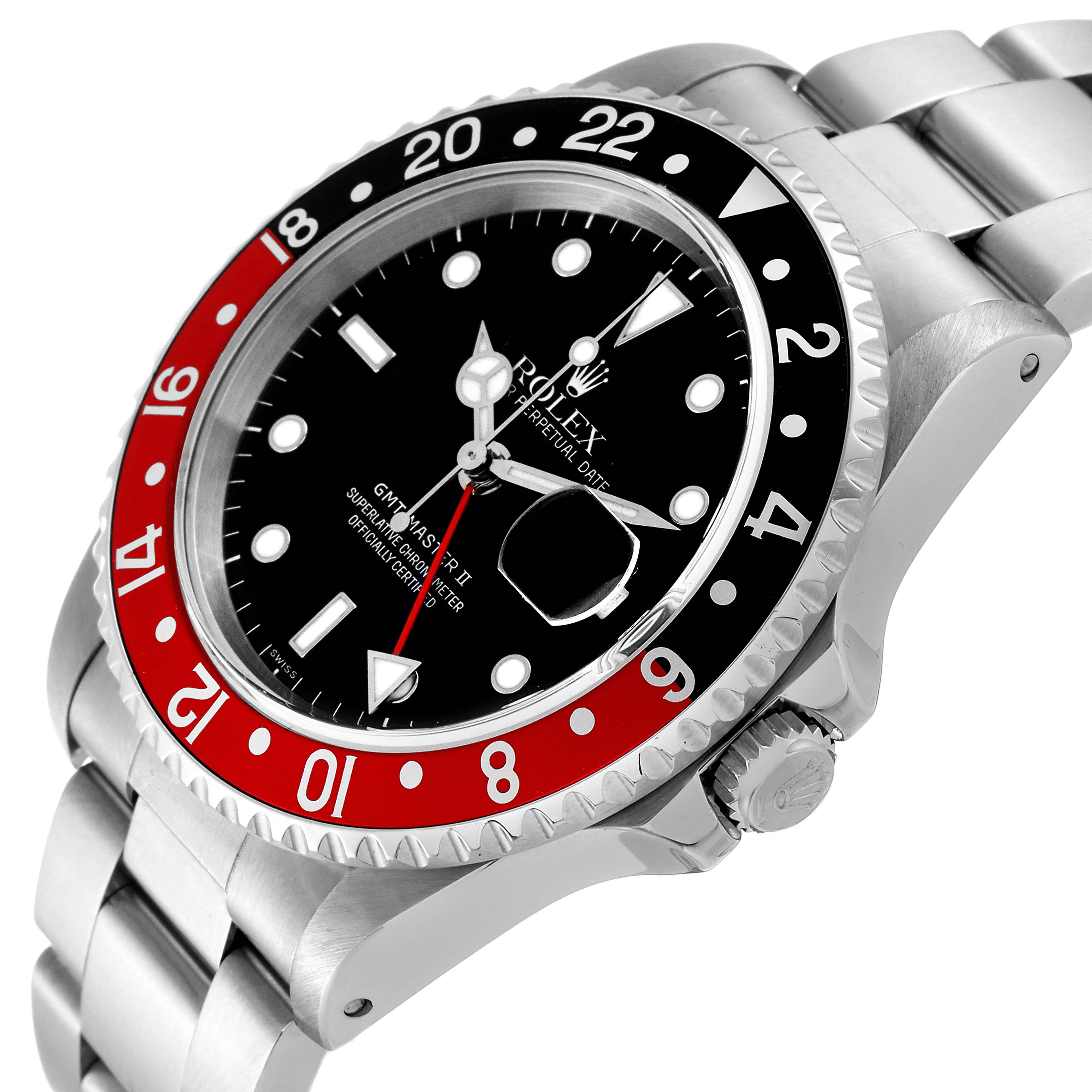 This image shows a Rolex GMT-Master 16710 Men
s Stainless Steel Black Dial 16710 Men
s Stainless Steel Black Dial watch at a slight side angle, displaying the bezel, dial, crown, and part of the bracelet.