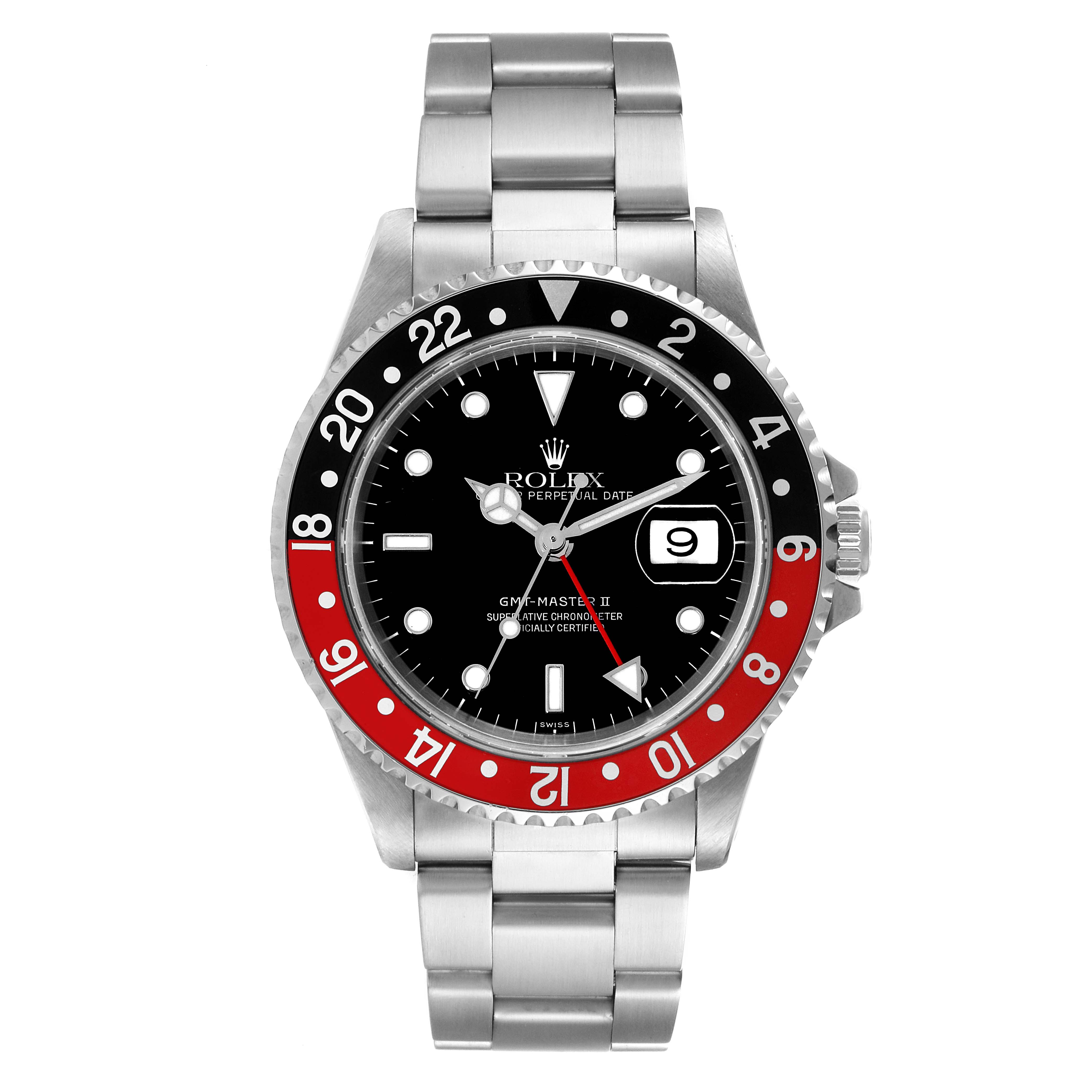The image shows a front view of the Rolex GMT-Master 16710 Men
s Stainless Steel Black Dial 16710 Men
s Stainless Steel Black Dial II watch, highlighting the dial, bezel, crown, and bracelet.