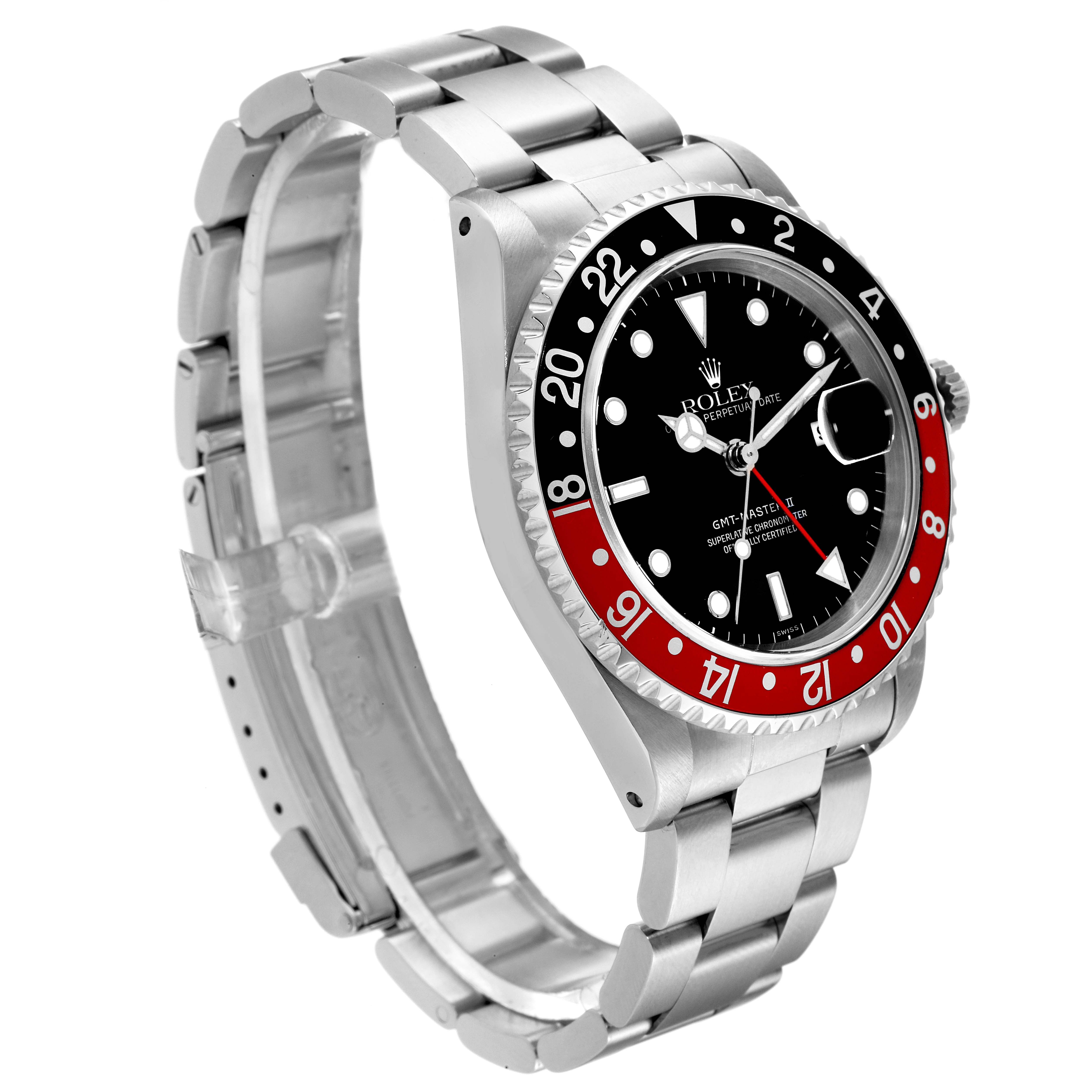 The Rolex GMT-Master 16710 Men
s Stainless Steel Black Dial 16710 Men
s Stainless Steel Black Dial watch is shown at an angle displaying its face, bezel, crown, and bracelet.