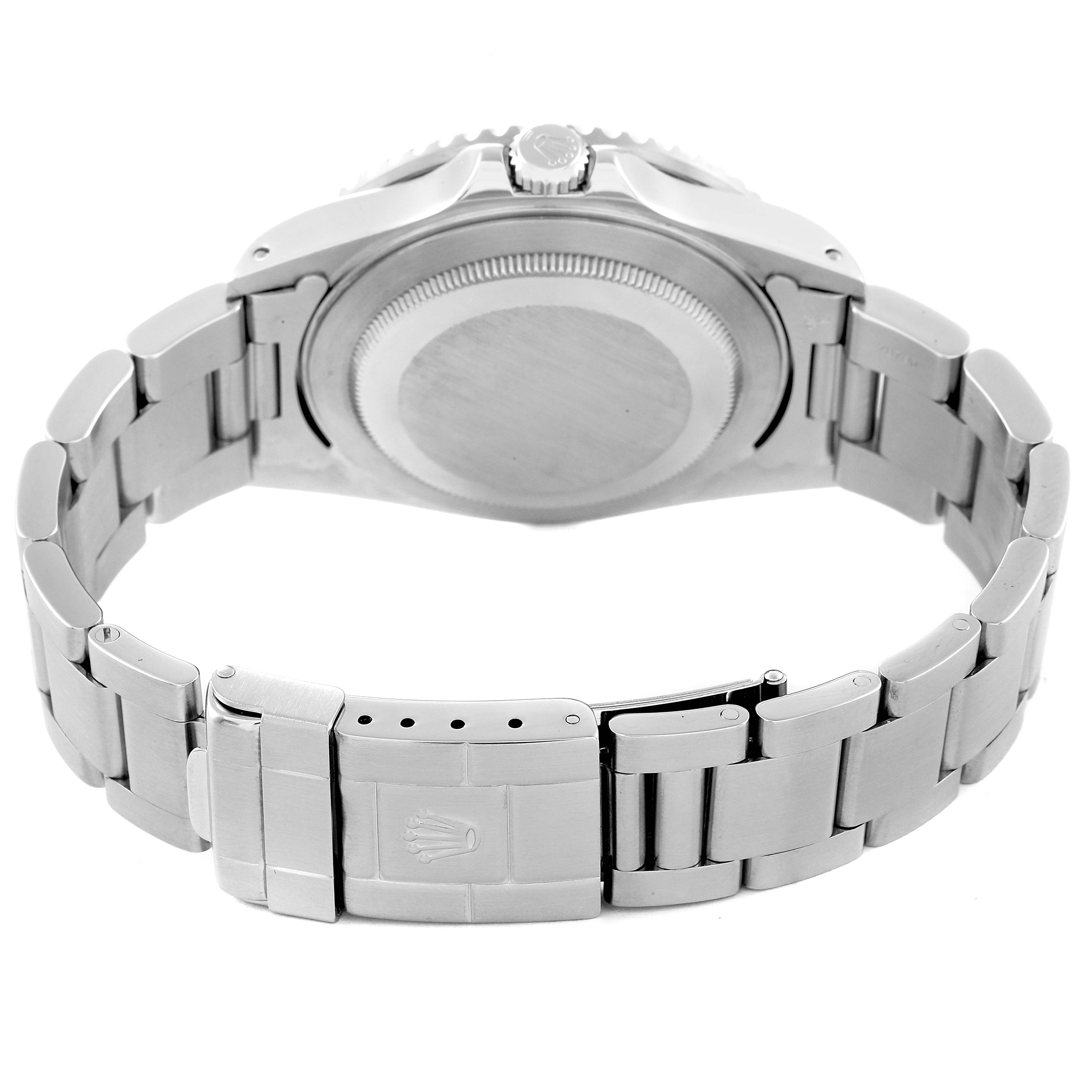 This image shows the back case and metal bracelet of the Rolex GMT-Master 16710 Men
s Stainless Steel Black Dial 16710 Men
s Stainless Steel Black Dial watch from a rear angle.