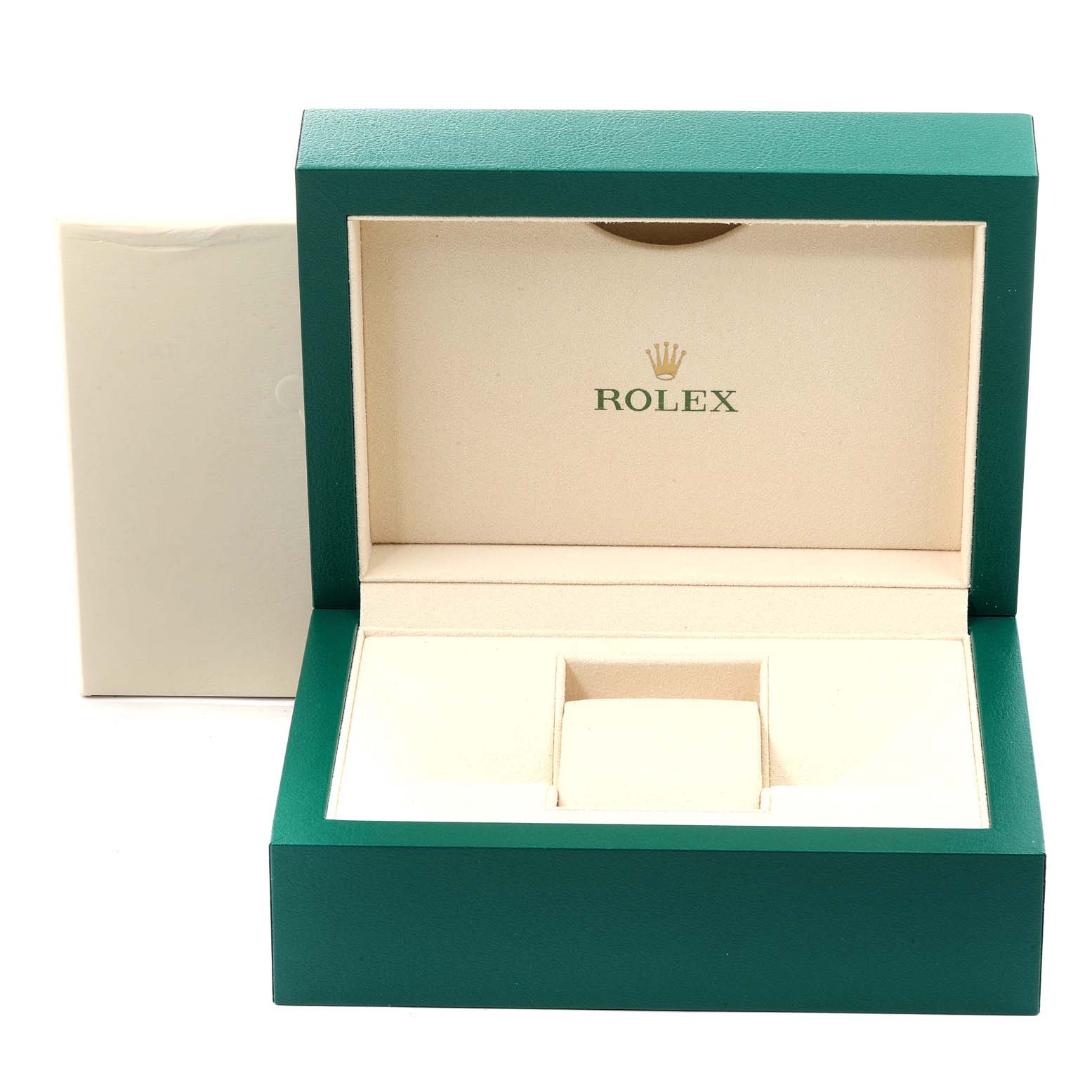 The image shows an open green Rolex box, likely for the GMT-Master model, with the brand logo inside.