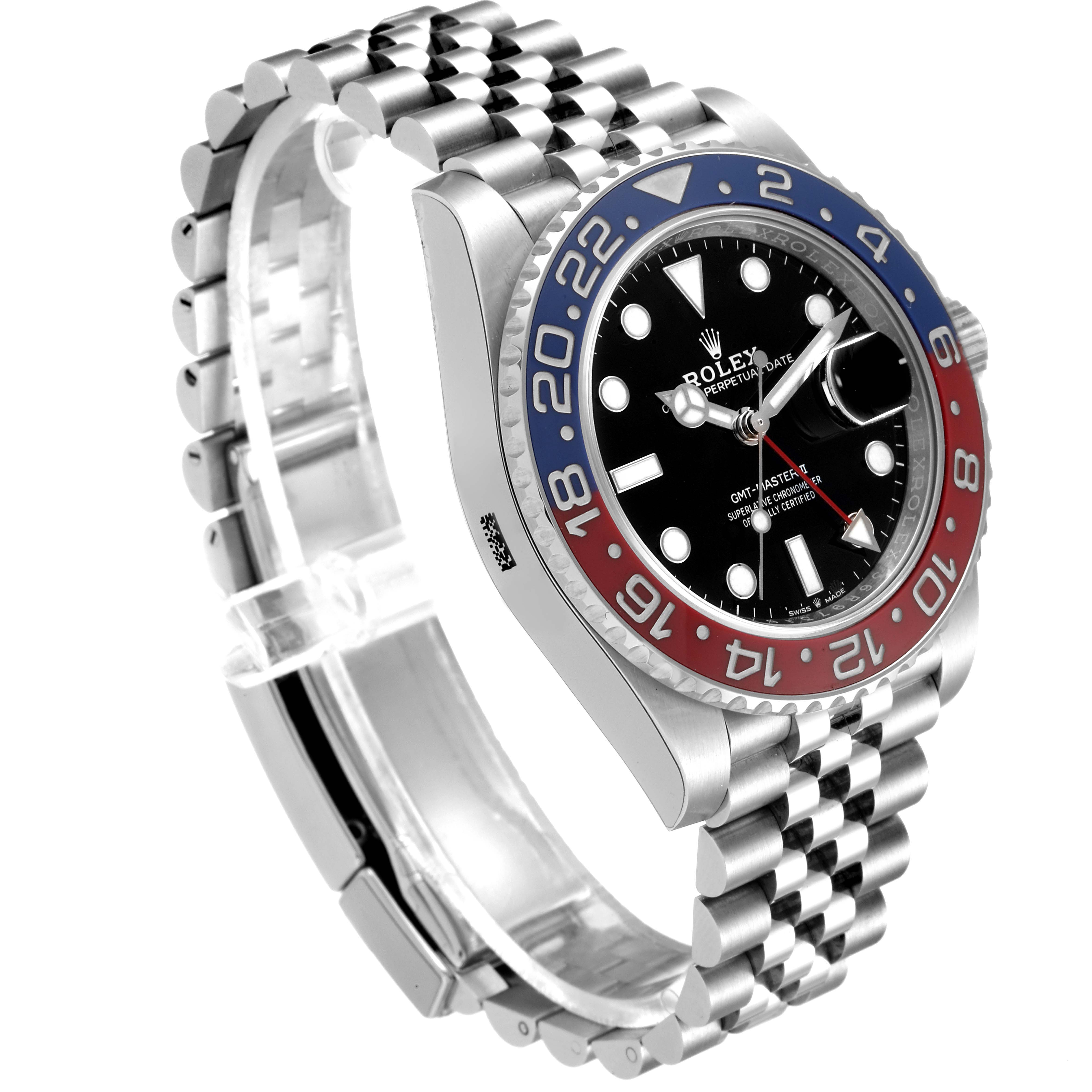 This Rolex GMT-Master 126710 Men
s Stainless Steel Black Dial 126710 Men
s Stainless Steel Black Dial watch is shown at an angle highlighting the bezel, dial, and Jubilee bracelet.