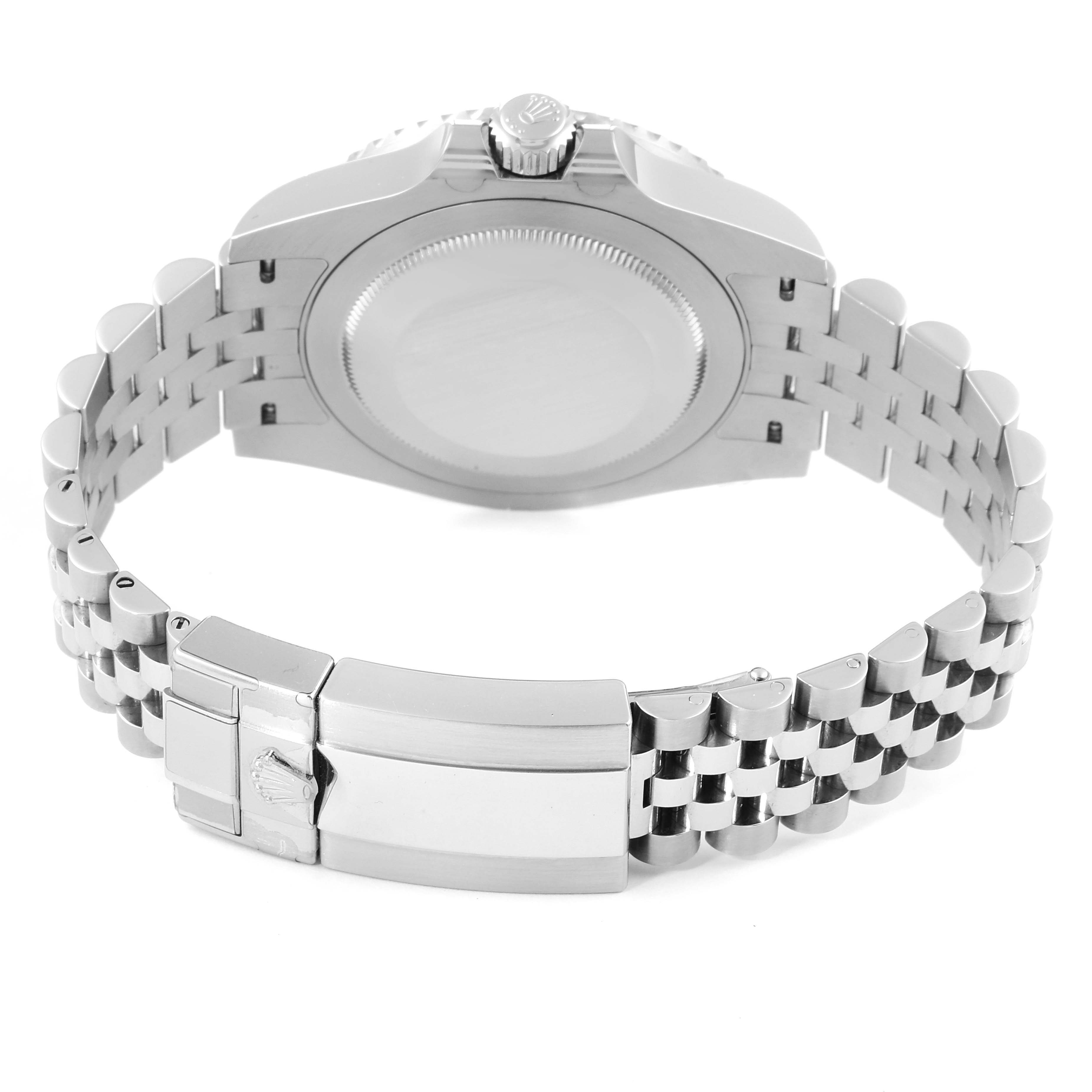 The image shows the back view of a Rolex GMT-Master 126710 Men
s Stainless Steel Black Dial 126710 Men
s Stainless Steel Black Dial watch, featuring the case back, crown, and bracelet with clasp.