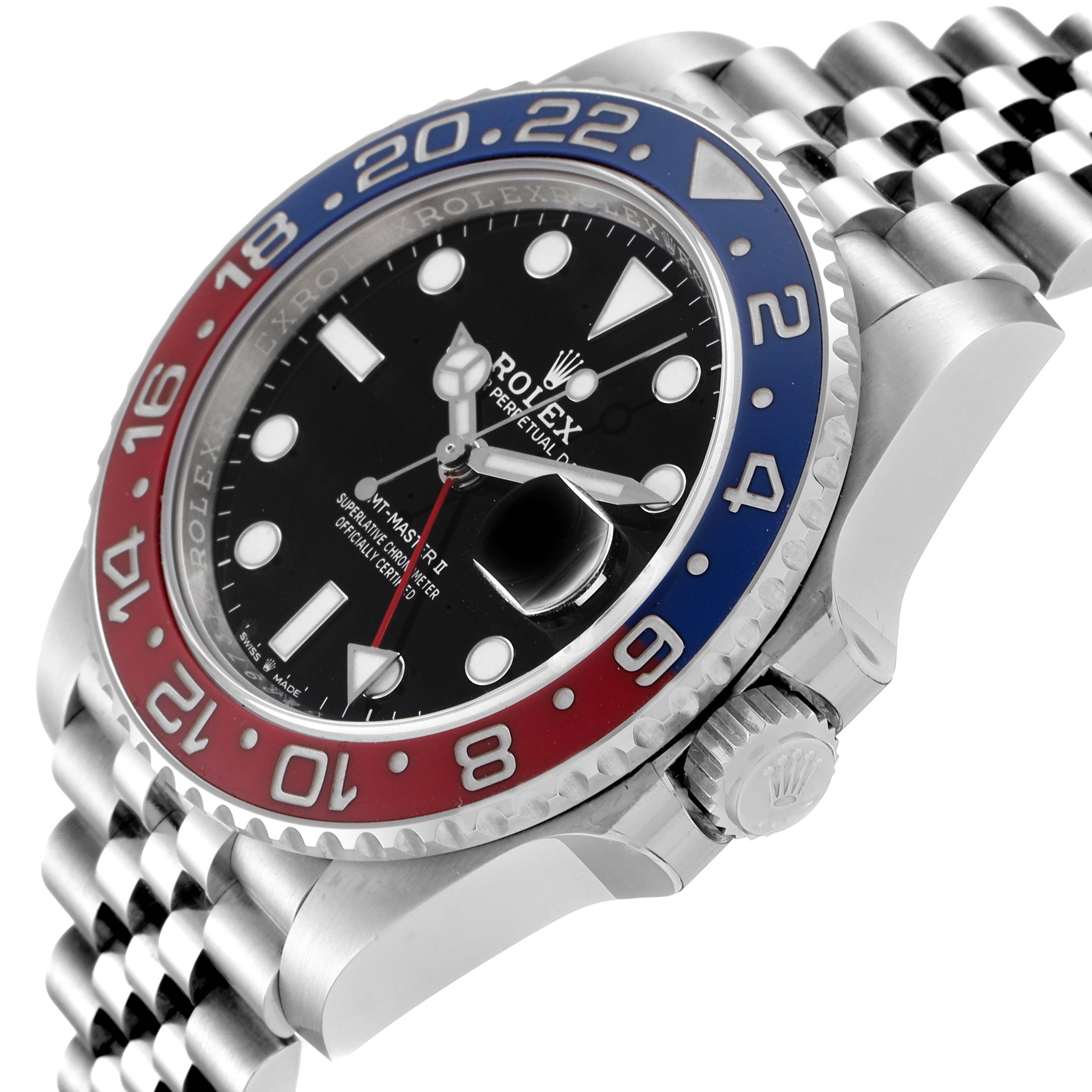 The image shows a close-up angle of the face, bezel, crown, and bracelet of a Rolex GMT-Master 126710 Men
s Stainless Steel Black Dial 126710 Men
s Stainless Steel Black Dial watch.