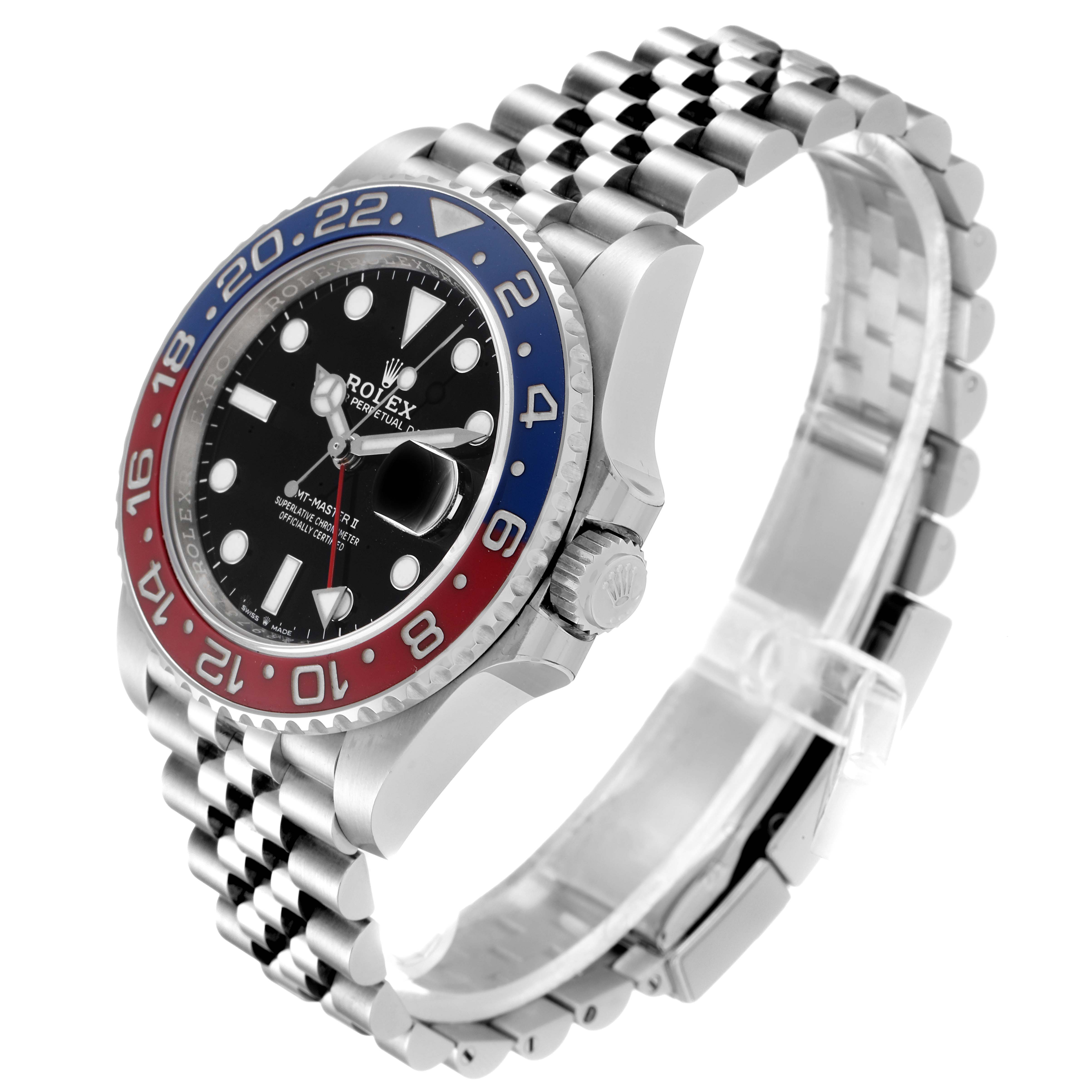 The image shows a Rolex GMT-Master 126710 Men
s Stainless Steel Black Dial 126710 Men
s Stainless Steel Black Dial watch from an angled side view, featuring the bezel, dial, crown, and part of the bracelet.