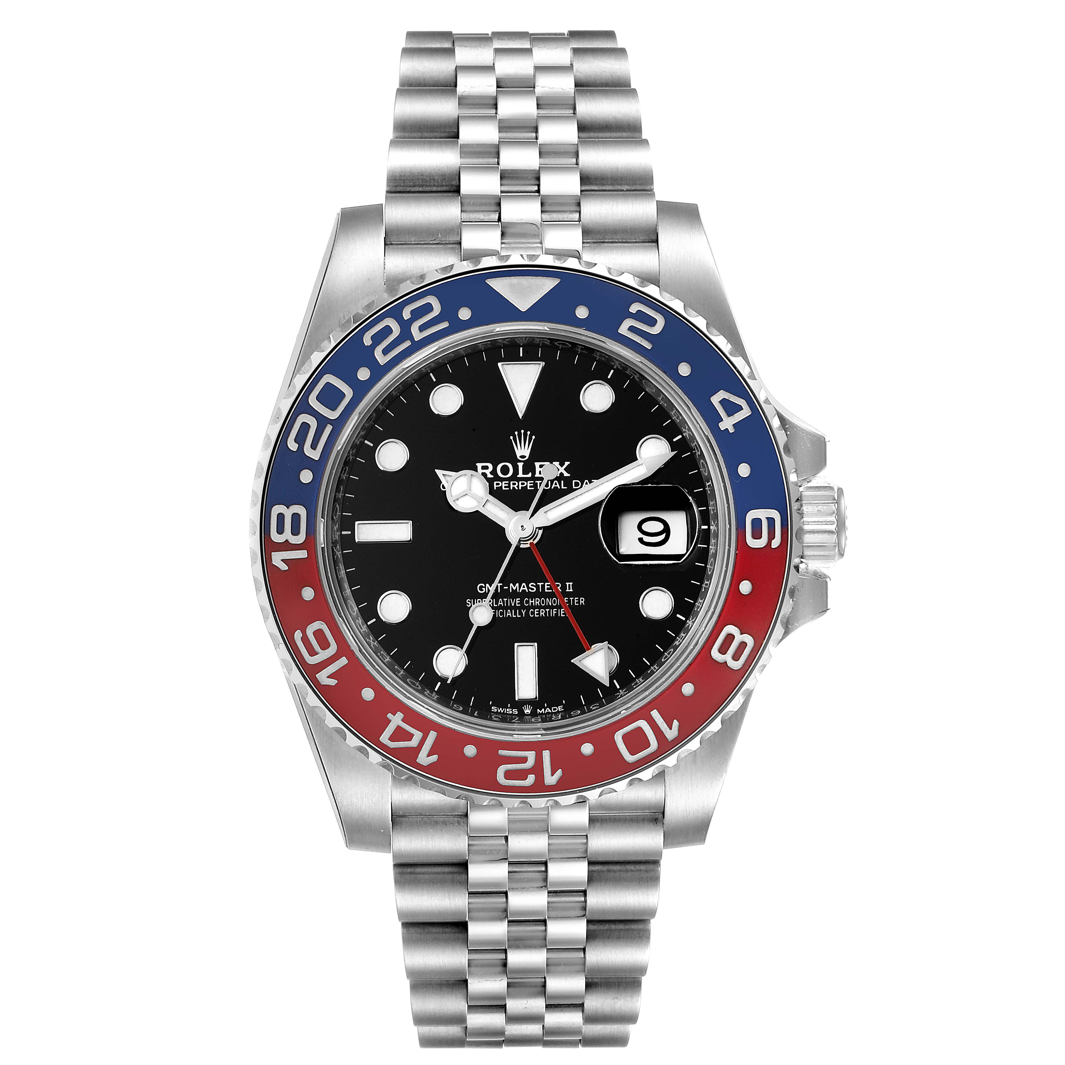 The image shows a frontal view of the Rolex GMT-Master 126710 Men
s Stainless Steel Black Dial 126710 Men
s Stainless Steel Black Dial watch, displaying its bezel, dial, date, and bracelet.