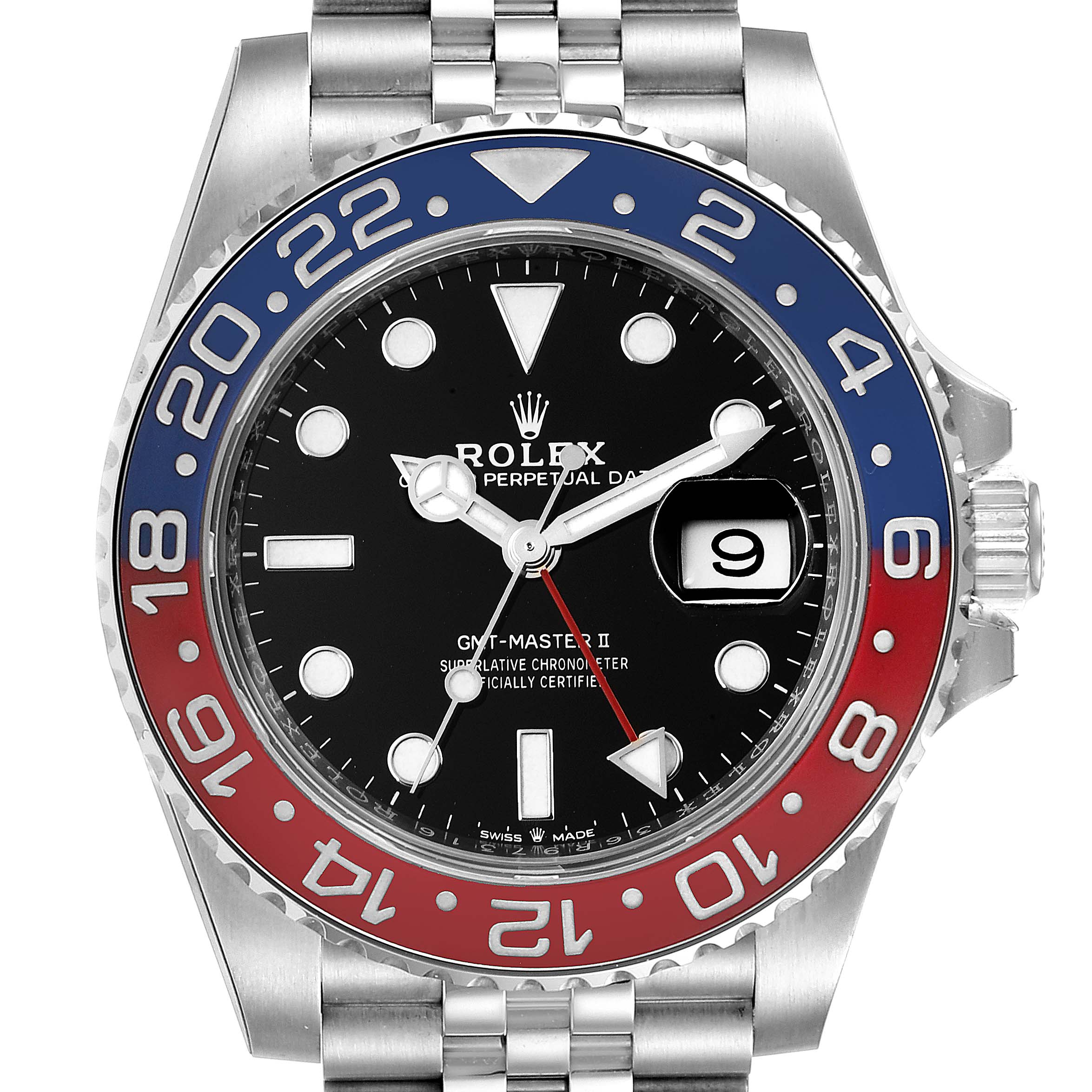 This image shows a front view of the Rolex GMT-Master 126710 Men
s Stainless Steel Black Dial 126710 Men
s Stainless Steel Black Dial II watch, featuring the bezel, dial, crown, and part of the bracelet.