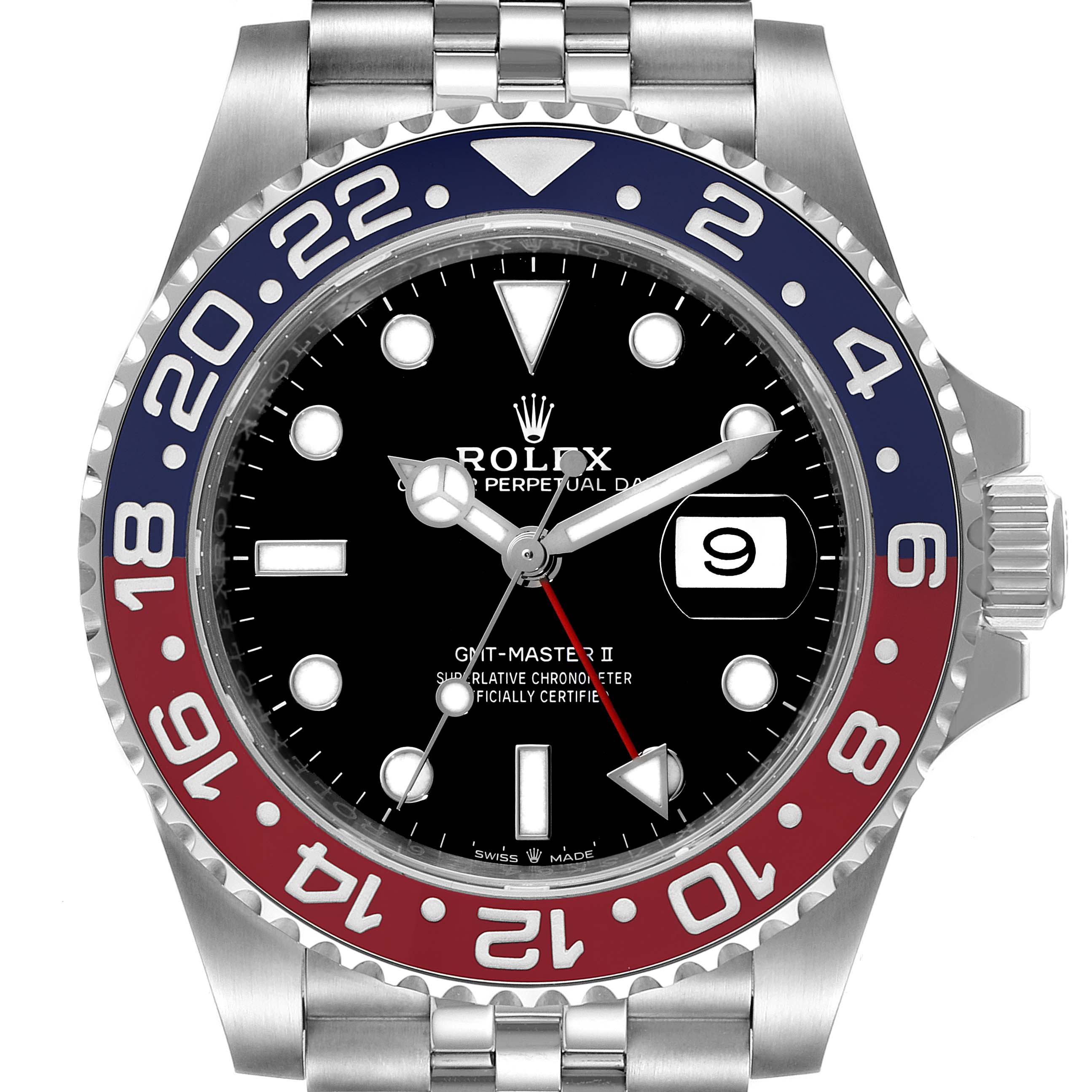 The Rolex GMT-Master 126710BLRO Men
s Stainless Steel Black Dial 126710BLRO Men
s Stainless Steel Black Dial II is shown from the front, displaying the bezel, face, dial, hands, bracelet, and date window.