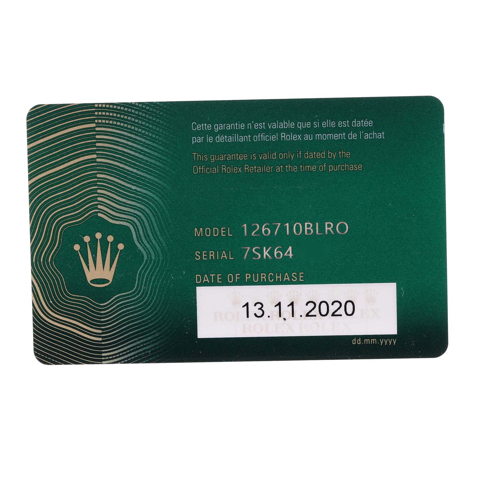 The image shows a warranty card for the Rolex GMT-Master 126710BLRO Men
s Stainless Steel Black Dial 126710BLRO Men
s Stainless Steel Black Dial model 126710BLRO.