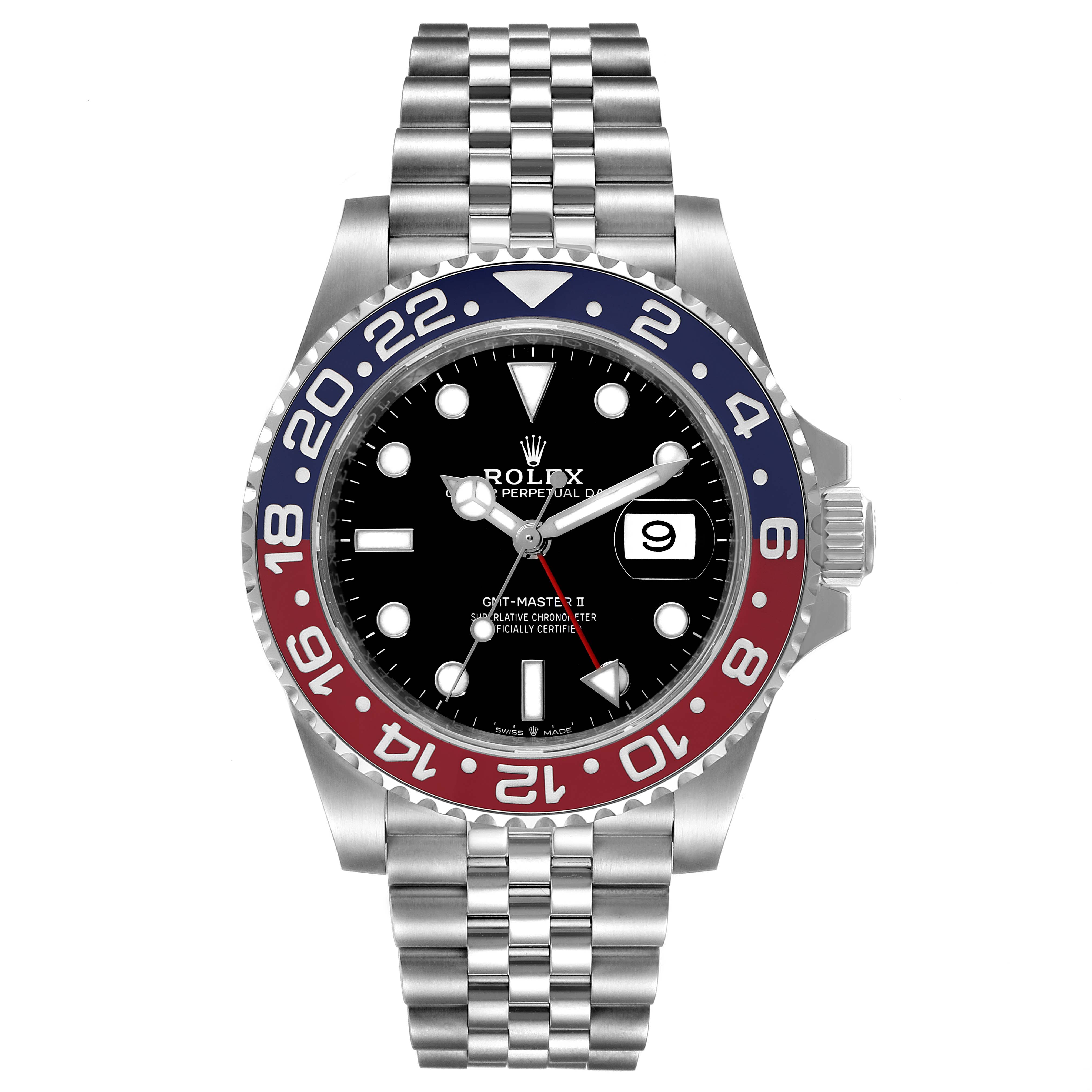The Rolex GMT-Master 126710BLRO Men
s Stainless Steel Black Dial 126710BLRO Men
s Stainless Steel Black Dial watch is shown from a straight-on angle, displaying the face, bezel, and bracelet.