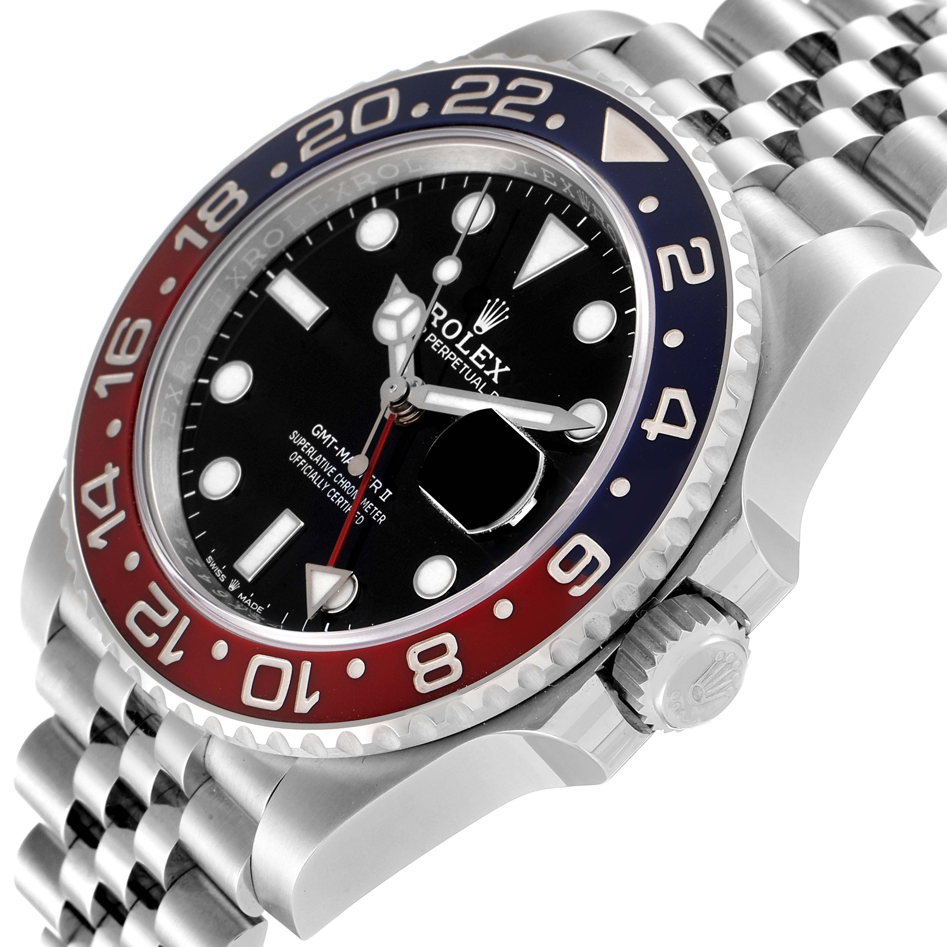 This image shows a close-up, angled view of the Rolex GMT-Master 126710BLRO Men
s Stainless Steel Black Dial 126710BLRO Men
s Stainless Steel Black Dial watch, highlighting the bezel, dial, and crown.