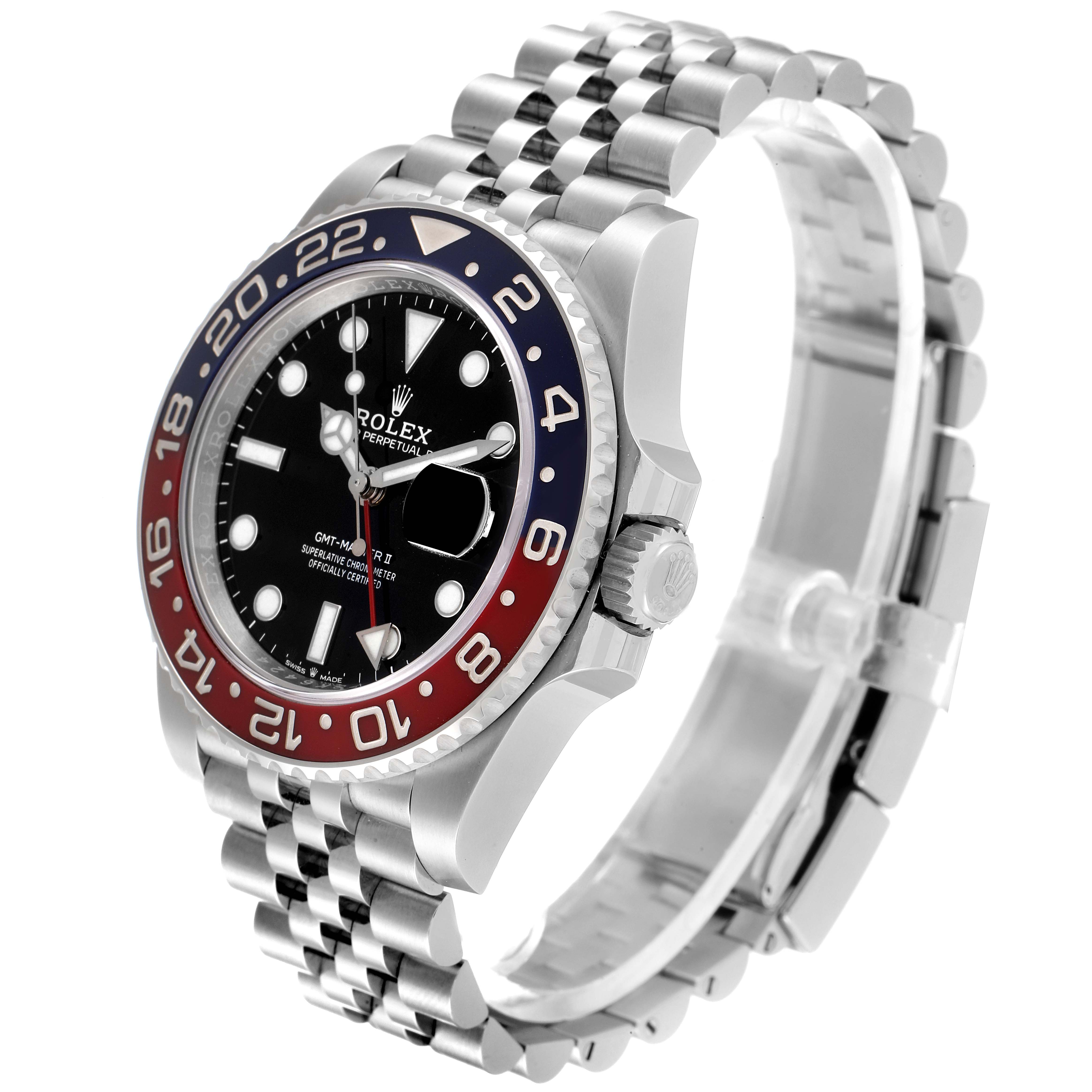 This image of a Rolex GMT-Master 126710BLRO Men
s Stainless Steel Black Dial 126710BLRO Men
s Stainless Steel Black Dial watch is taken from an angle showing the dial, bezel, crown, and bracelet.