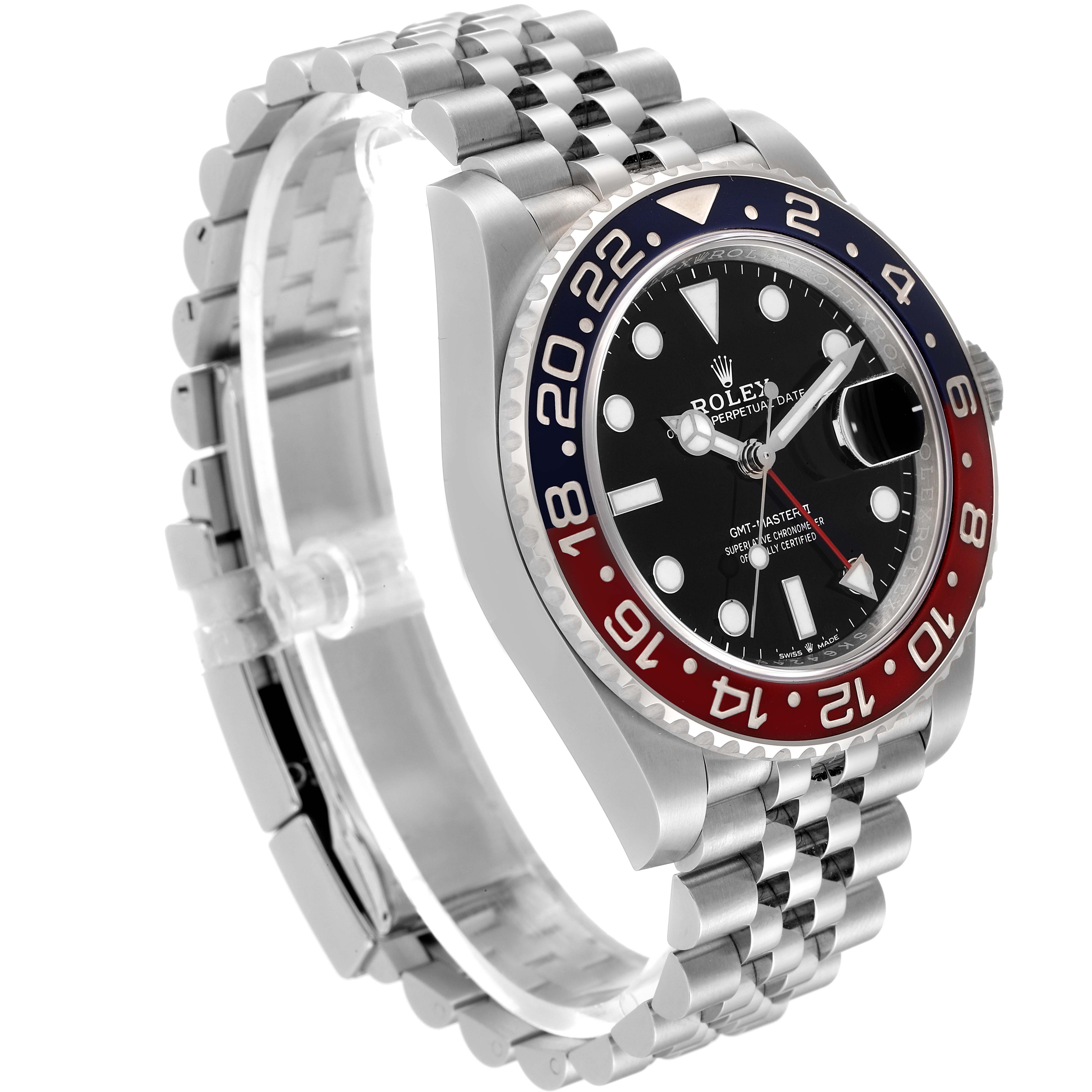 The image shows a side view of the Rolex GMT-Master 126710BLRO Men
s Stainless Steel Black Dial 126710BLRO Men
s Stainless Steel Black Dial watch, highlighting the bezel, dial, and Jubilee bracelet.