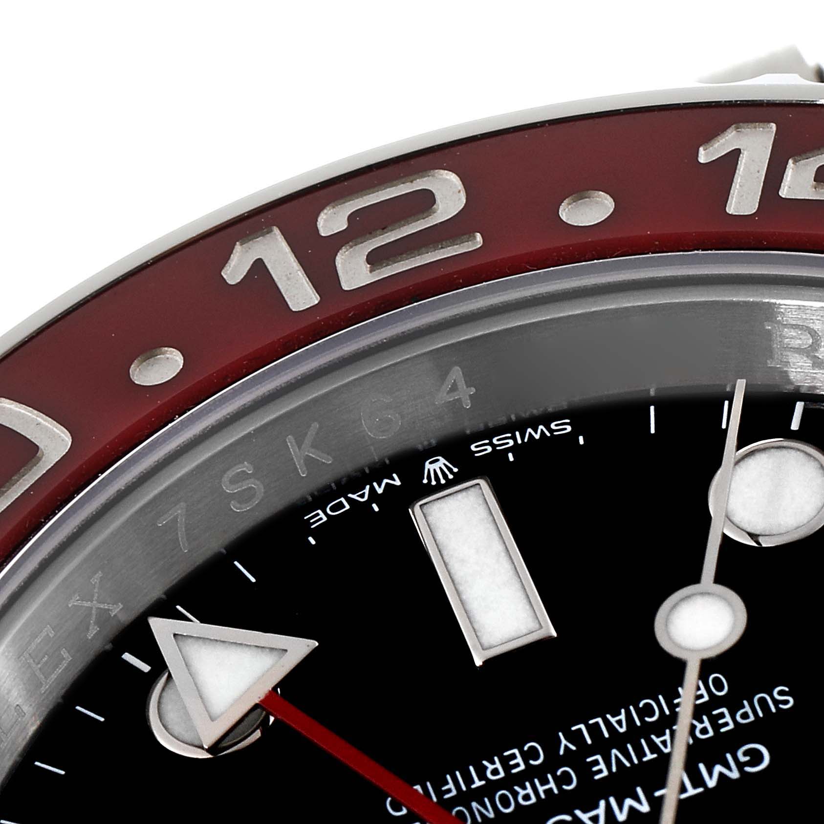 The image shows a close-up of the bezel, dial, and hands of a Rolex GMT-Master 126710BLRO Men
s Stainless Steel Black Dial 126710BLRO Men
s Stainless Steel Black Dial watch.