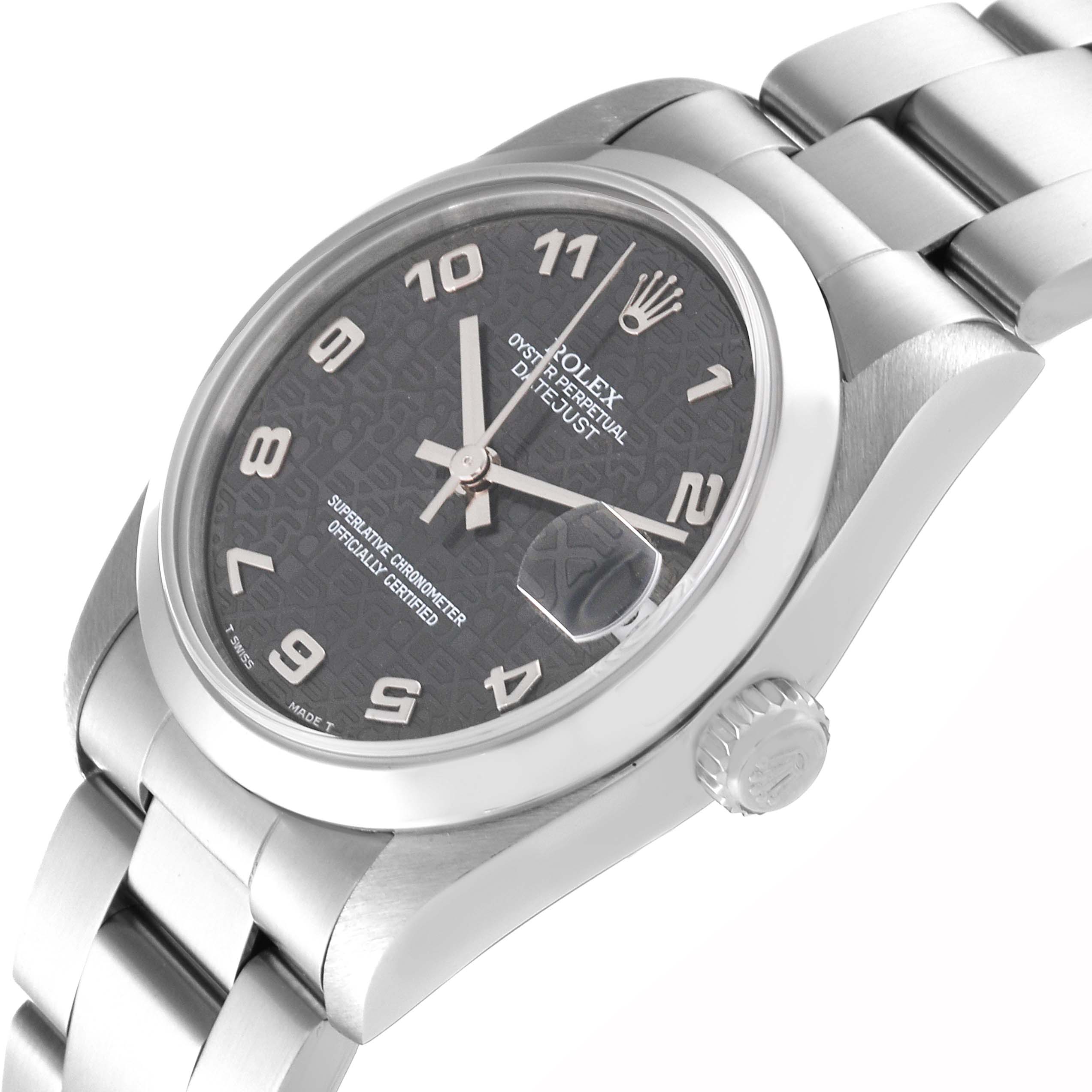The image shows a slight side angle of the Rolex Mid-Size 68240 Women's Stainless Steel Grey Dial 68240 Women's Stainless Steel Grey Dial watch, highlighting the face, bezel, crown, and part of the bracelet.