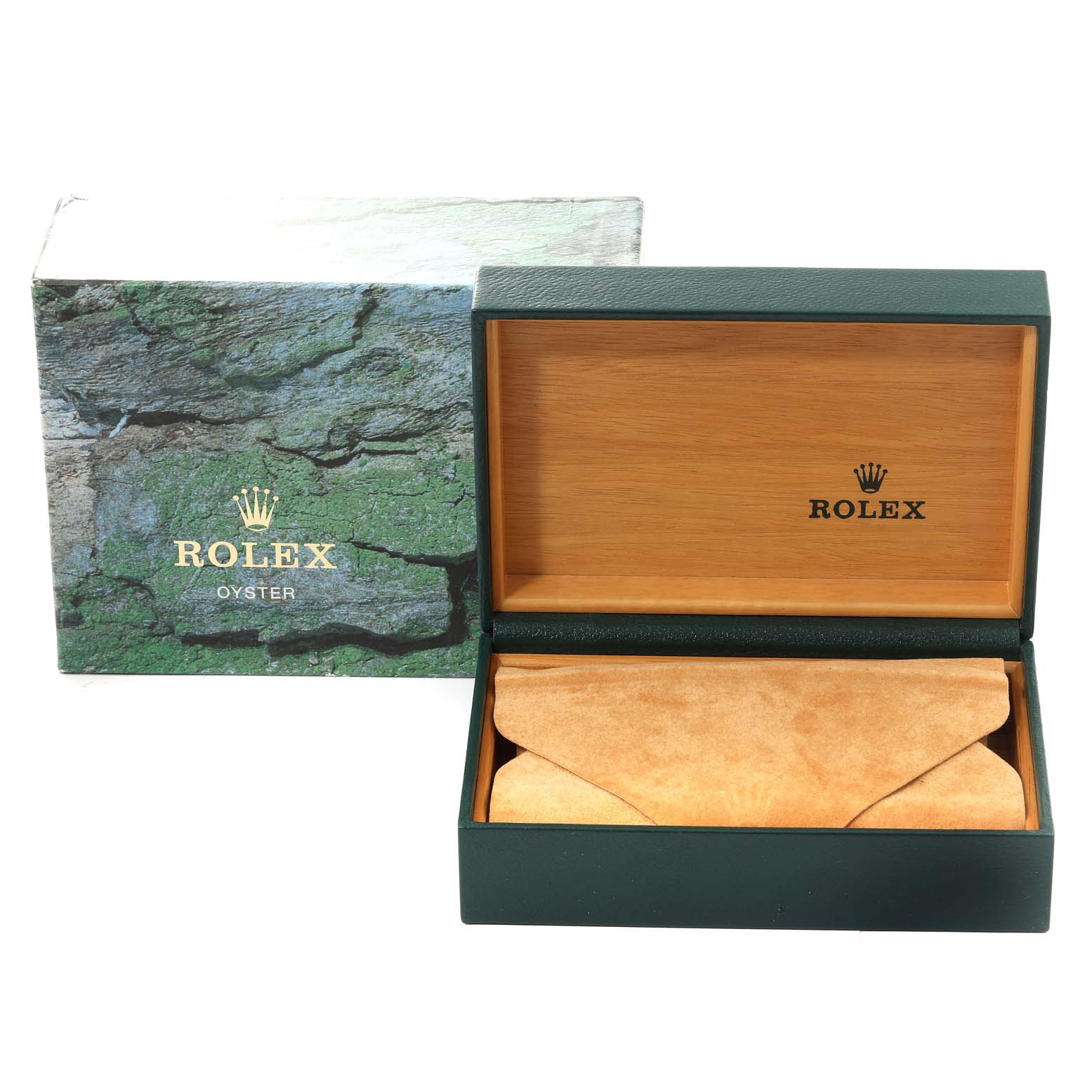 The image shows an open Rolex box for a Mid-Size watch, with the inner cushioned part and outer packaging displayed.