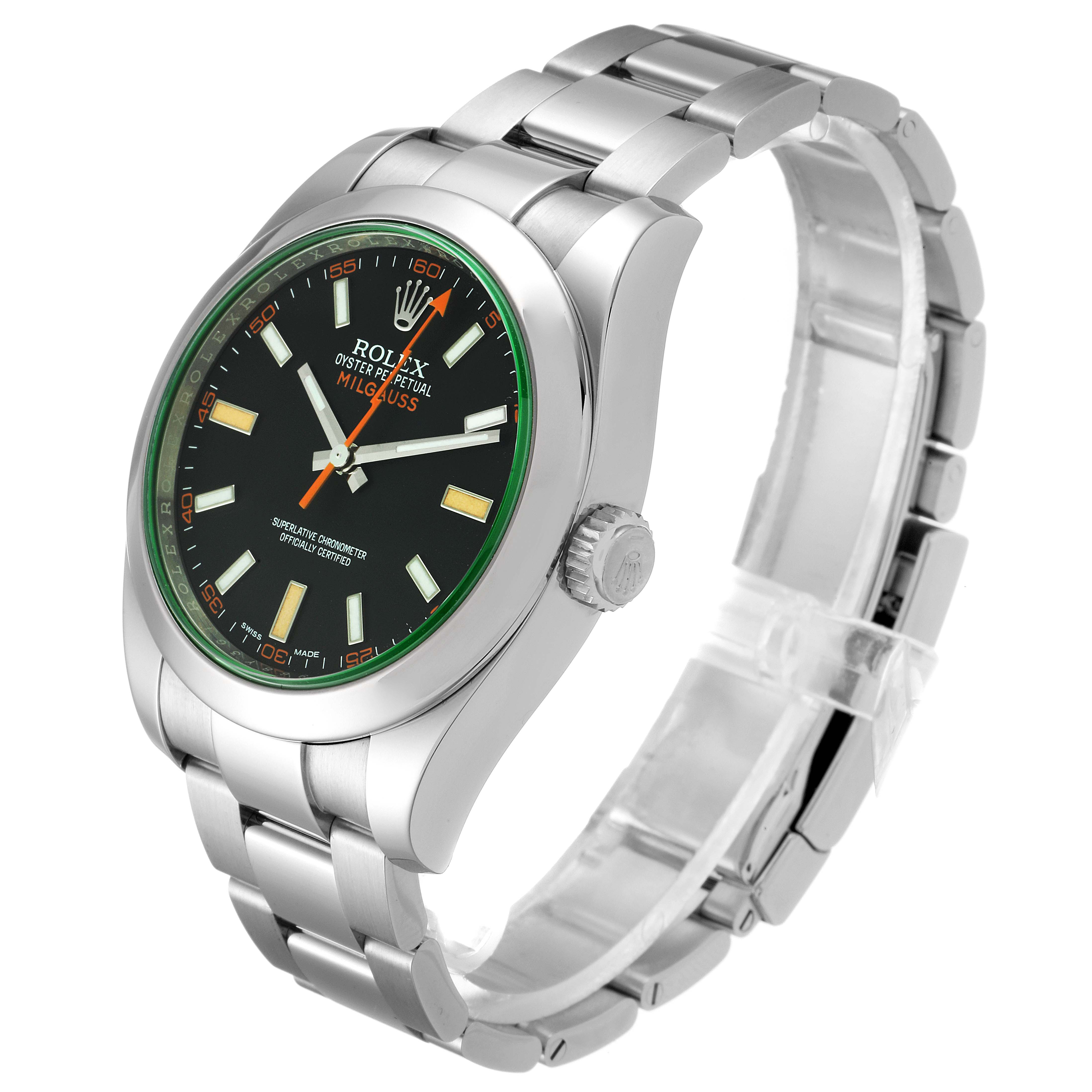 This image shows a Rolex Milgauss 116400V Men's Stainless Steel Black Dial 116400V Men's Stainless Steel Black Dial watch at a three-quarter angle, displaying the face, bezel, crown, and bracelet.