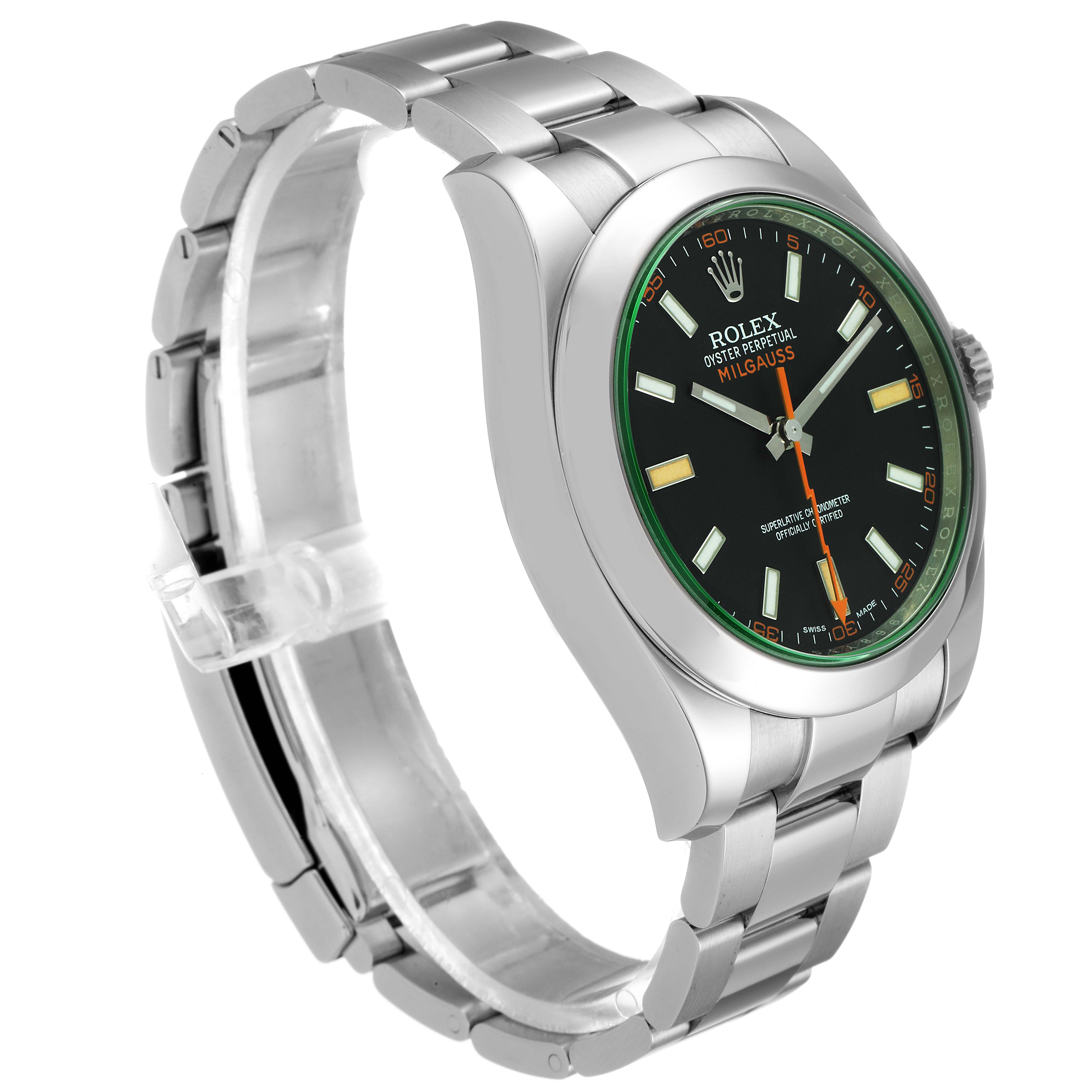 The image shows a Rolex Milgauss 116400V Men's Stainless Steel Black Dial 116400V Men's Stainless Steel Black Dial watch at a slight angle from the front, highlighting its face, bezel, and stainless steel bracelet.