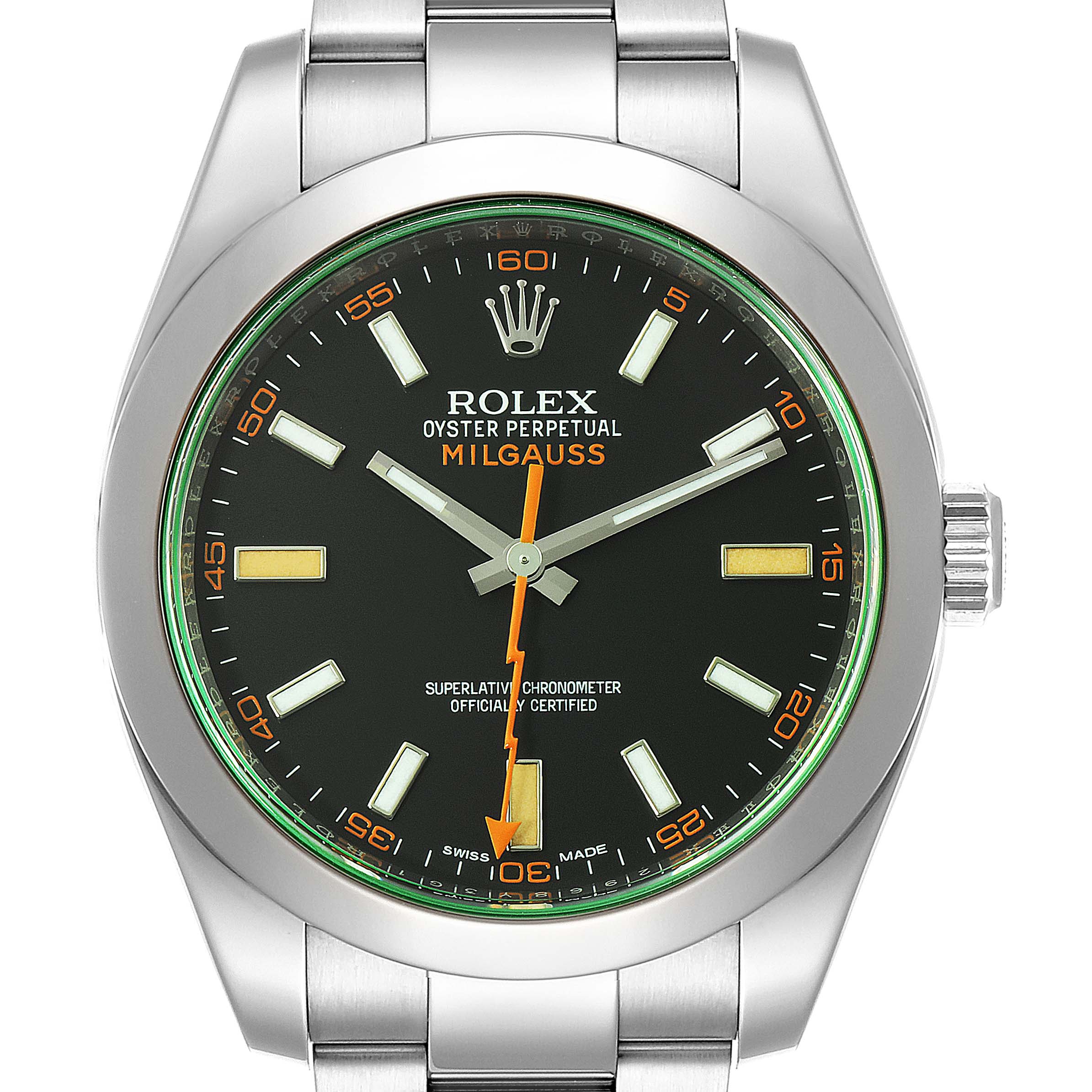 The image shows a front view of the Rolex Milgauss 116400V Men's Stainless Steel Black Dial 116400V Men's Stainless Steel Black Dial watch, featuring its face, hands, bezel, and part of the bracelet.