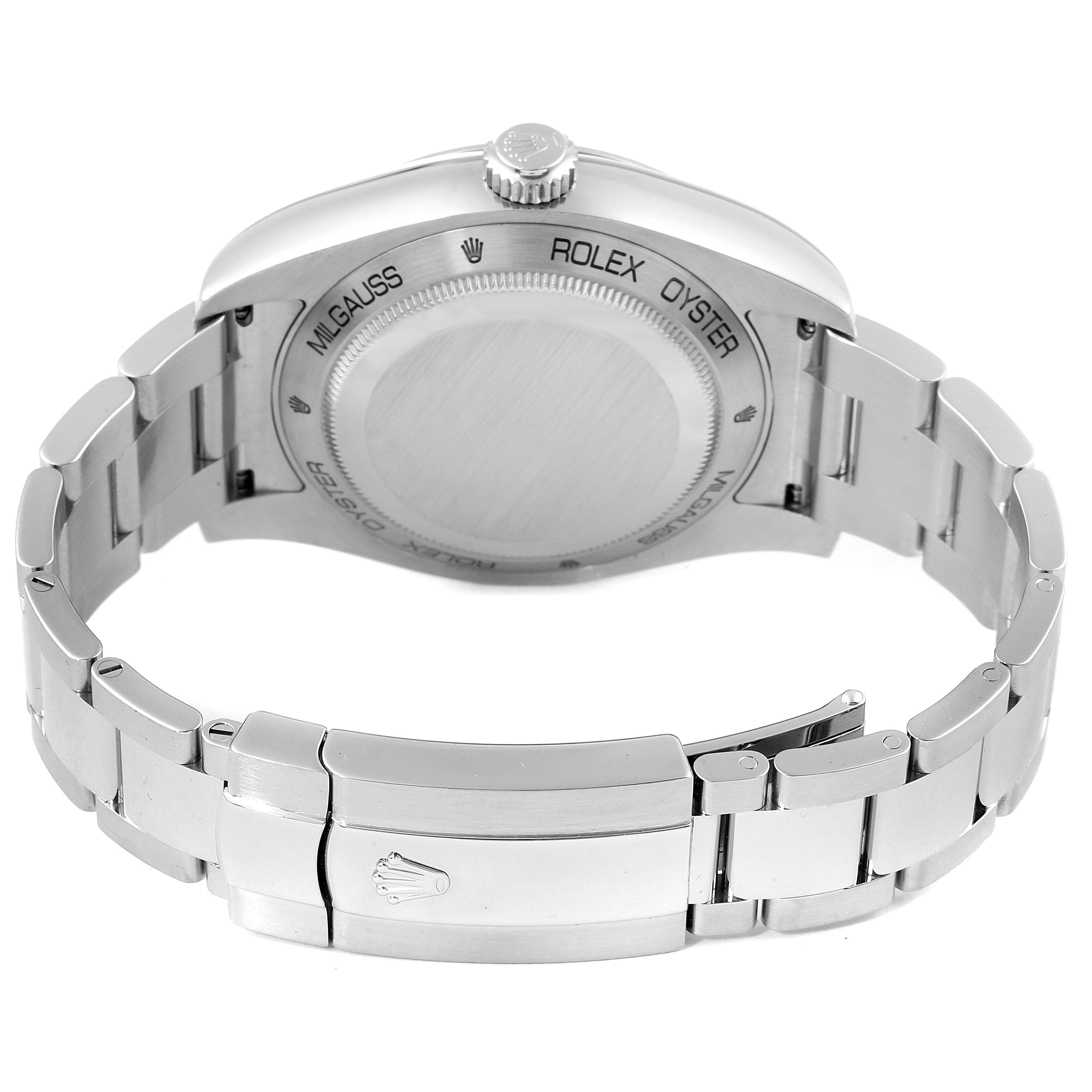 The image shows the back view of a Rolex Milgauss 116400V Men's Stainless Steel Black Dial 116400V Men's Stainless Steel Black Dial watch, highlighting the case back and the bracelet with clasp.