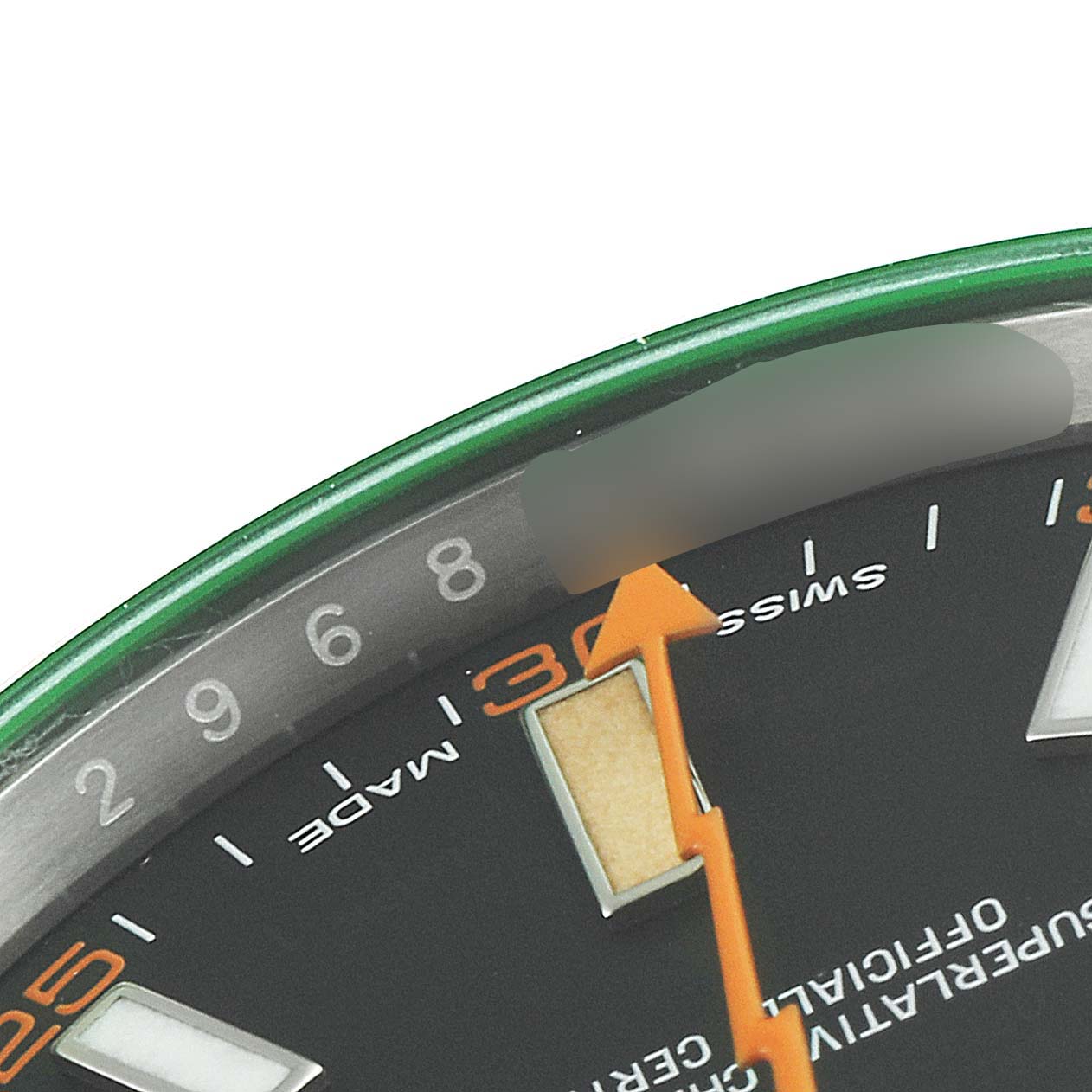 The image shows a close-up of the dial and seconds hand of a Rolex Milgauss 116400V Men's Stainless Steel Black Dial 116400V Men's Stainless Steel Black Dial watch, including part of the bezel and some hour markers.