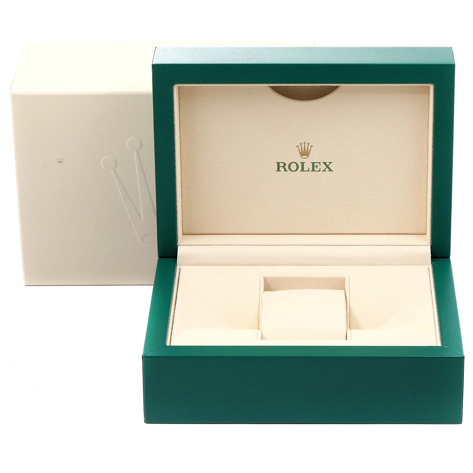 The image shows an empty green and beige box for a Rolex Milgauss 116400V Men's Stainless Steel Black Dial 116400V Men's Stainless Steel Black Dial watch, viewed from the front.