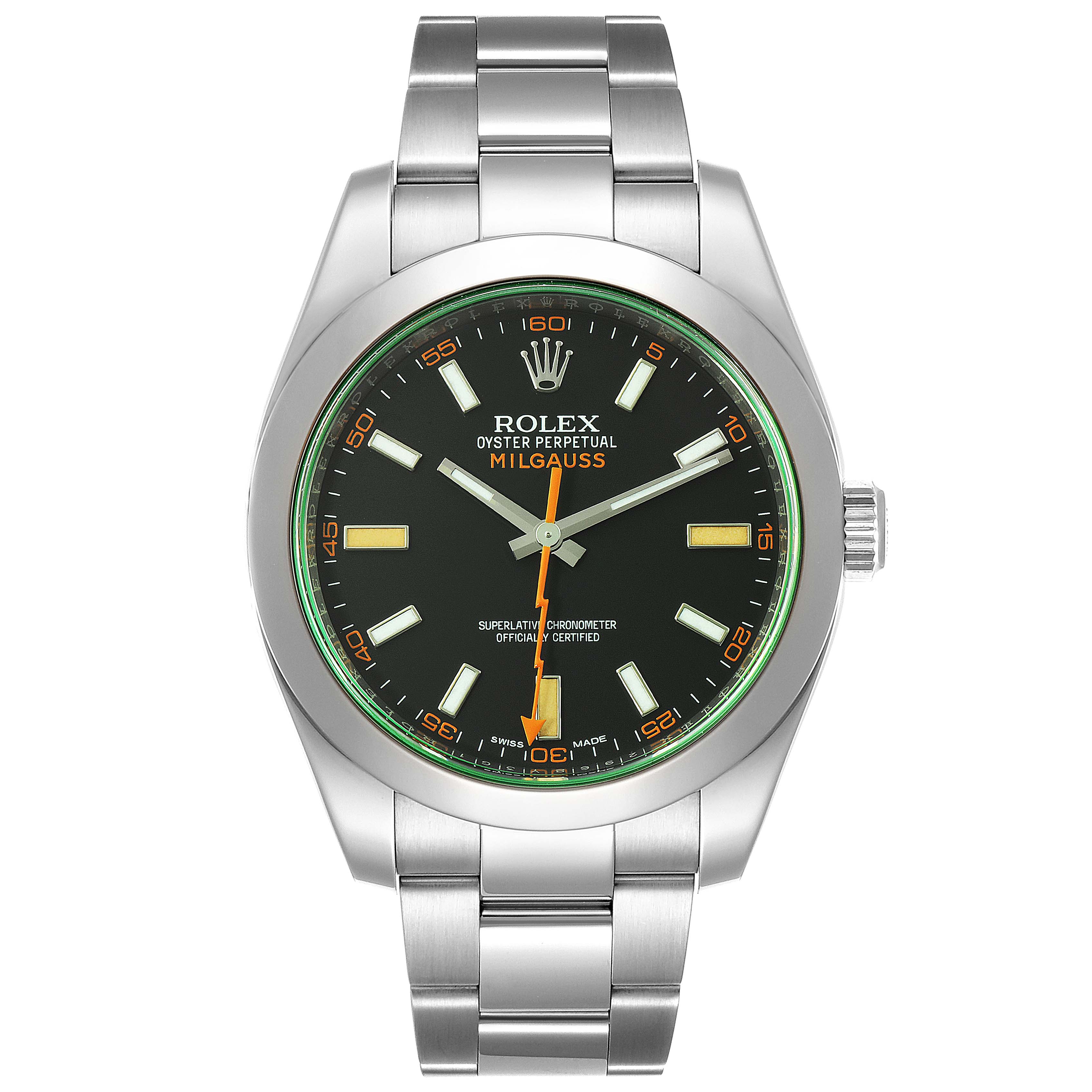 The image shows a front view of a Rolex Milgauss 116400V Men's Stainless Steel Black Dial 116400V Men's Stainless Steel Black Dial watch, highlighting the face, bezel, crown, and bracelet.