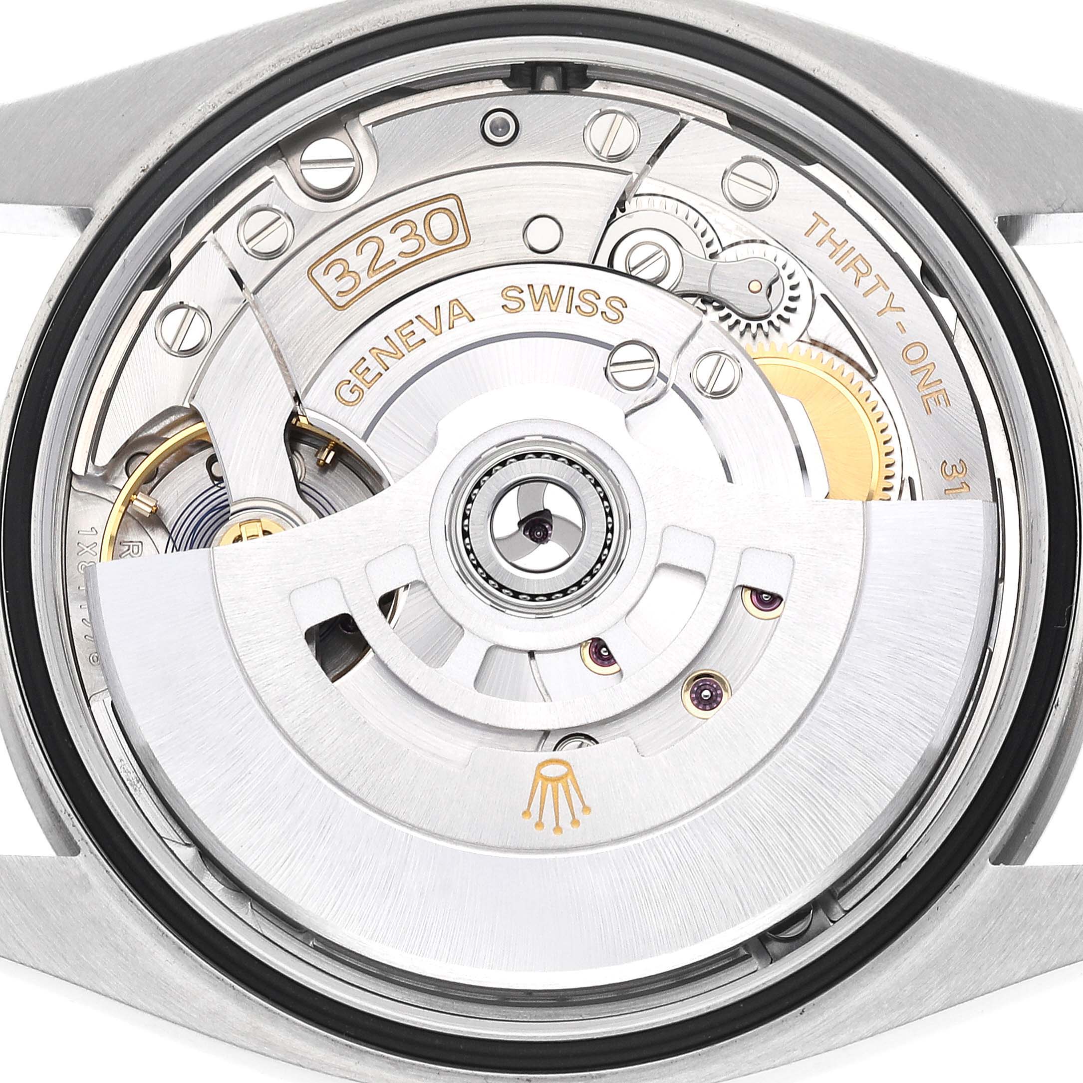 The image shows the movement and internal mechanism of the Rolex Oyster Perpetual 126000 Men's Stainless Steel Black Dial 126000 Men's Stainless Steel Black Dial watch from a back angle.