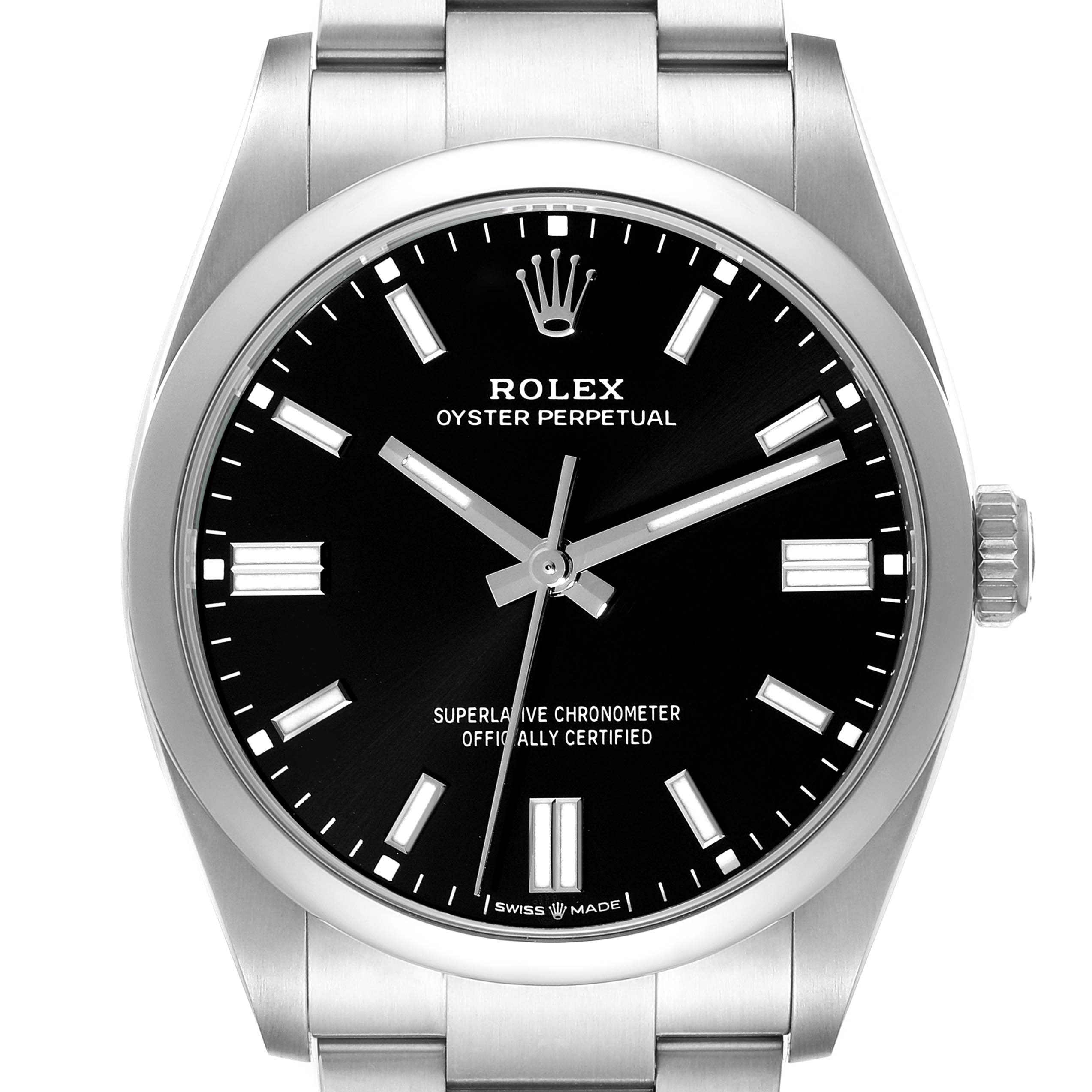 The image shows a front view of the Rolex Oyster Perpetual 126000 Men's Stainless Steel Black Dial 126000 Men's Stainless Steel Black Dial watch, highlighting its black dial, stainless steel case, and bracelet.