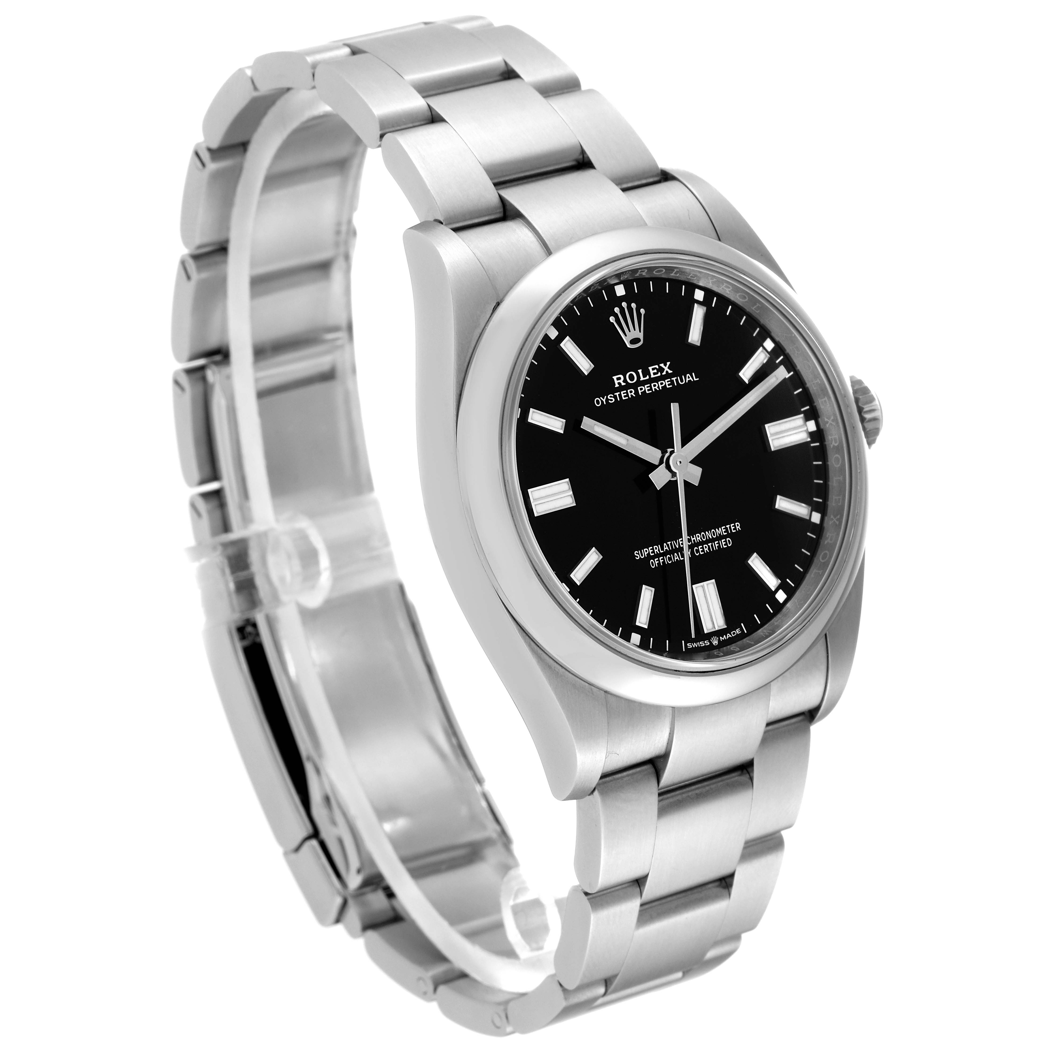 The image shows a Rolex Oyster Perpetual 126000 Men's Stainless Steel Black Dial 126000 Men's Stainless Steel Black Dial watch at an angle highlighting its face, bezel, and bracelet.