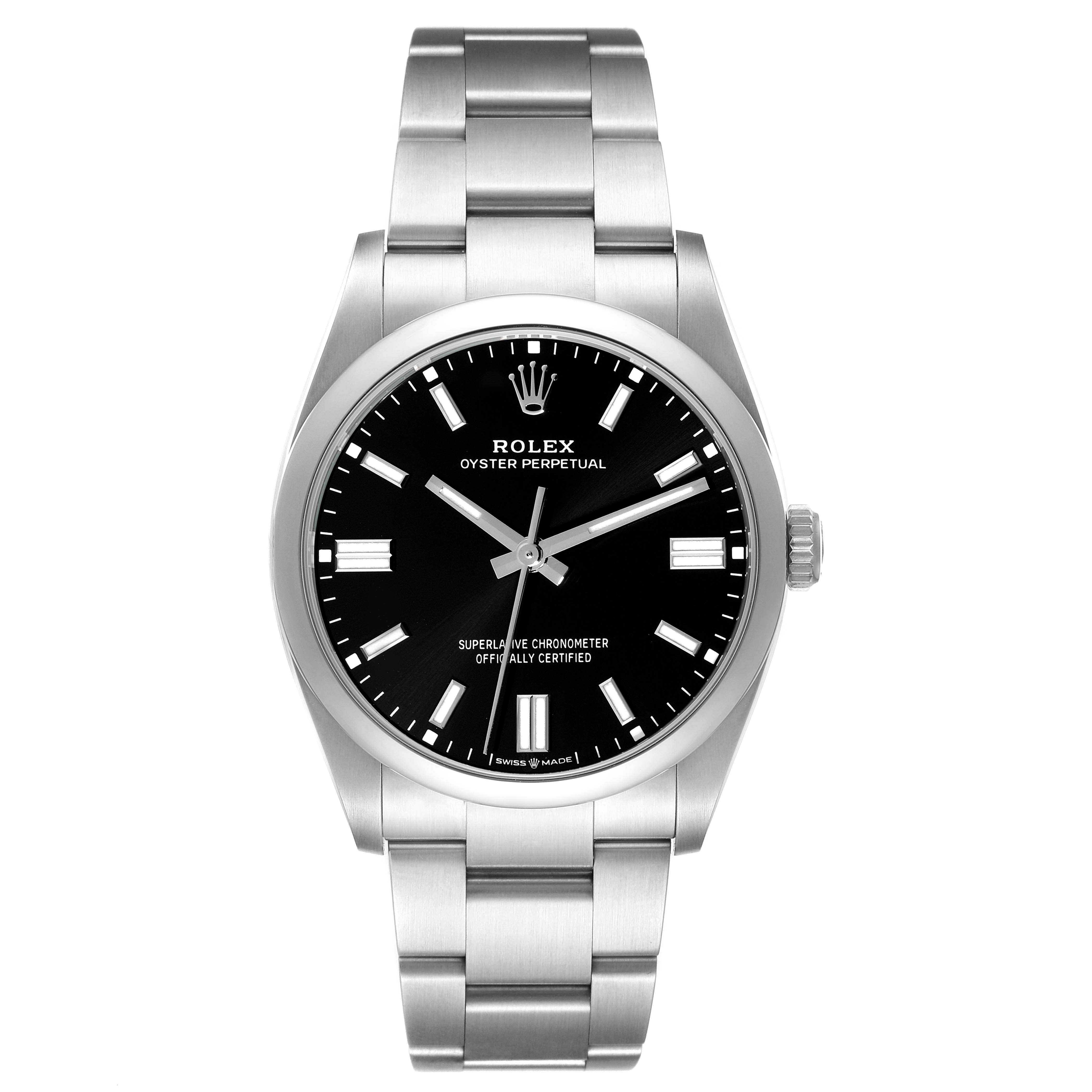 The image shows a front view of a Rolex Oyster Perpetual 126000 Men's Stainless Steel Black Dial 126000 Men's Stainless Steel Black Dial watch displaying the dial, bezel, and bracelet.