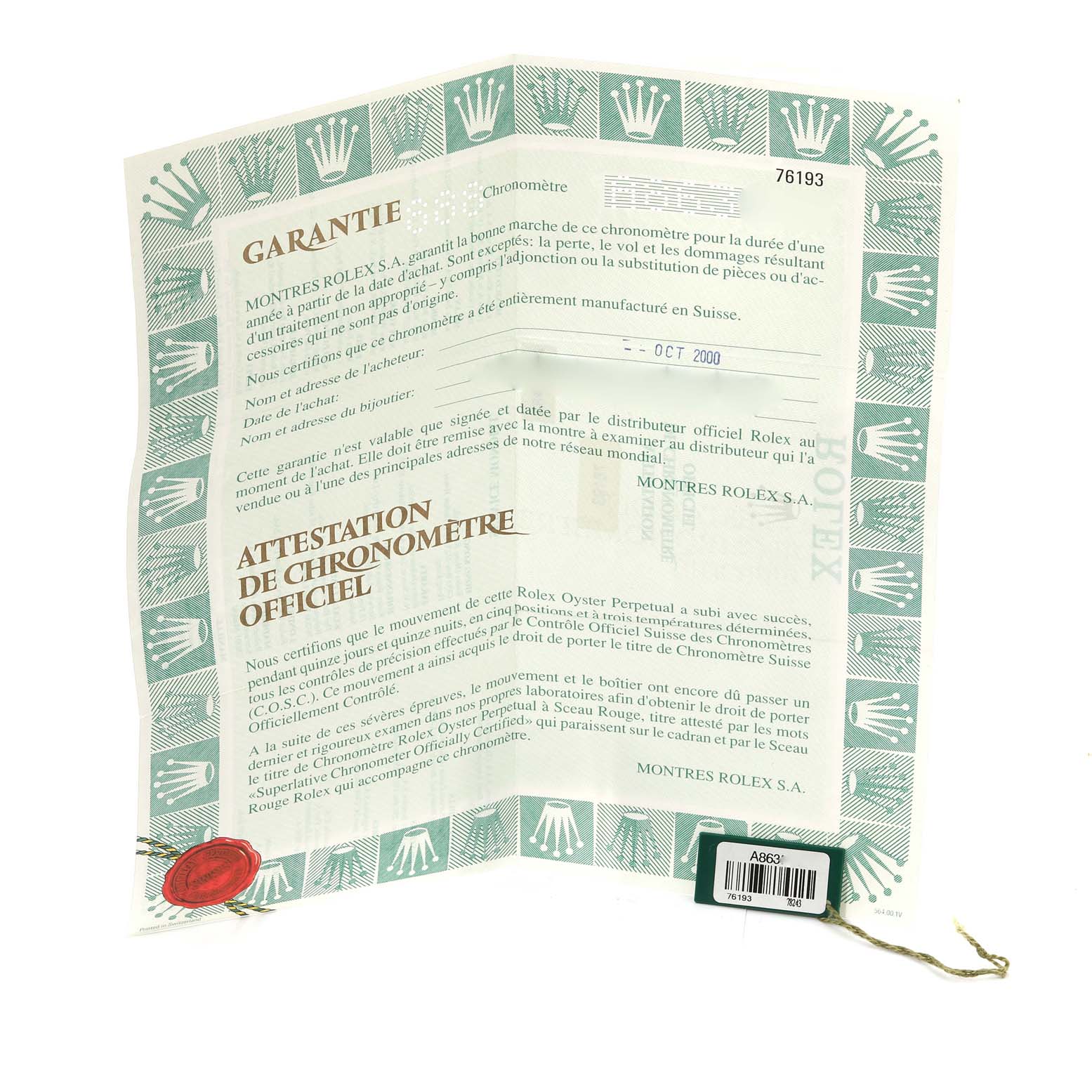 The image shows a warranty and chronometer certification for a Rolex Oyster Perpetual 76193 Women's Stainless Steel Grey Dial 76193 Women's Stainless Steel Grey Dial watch.