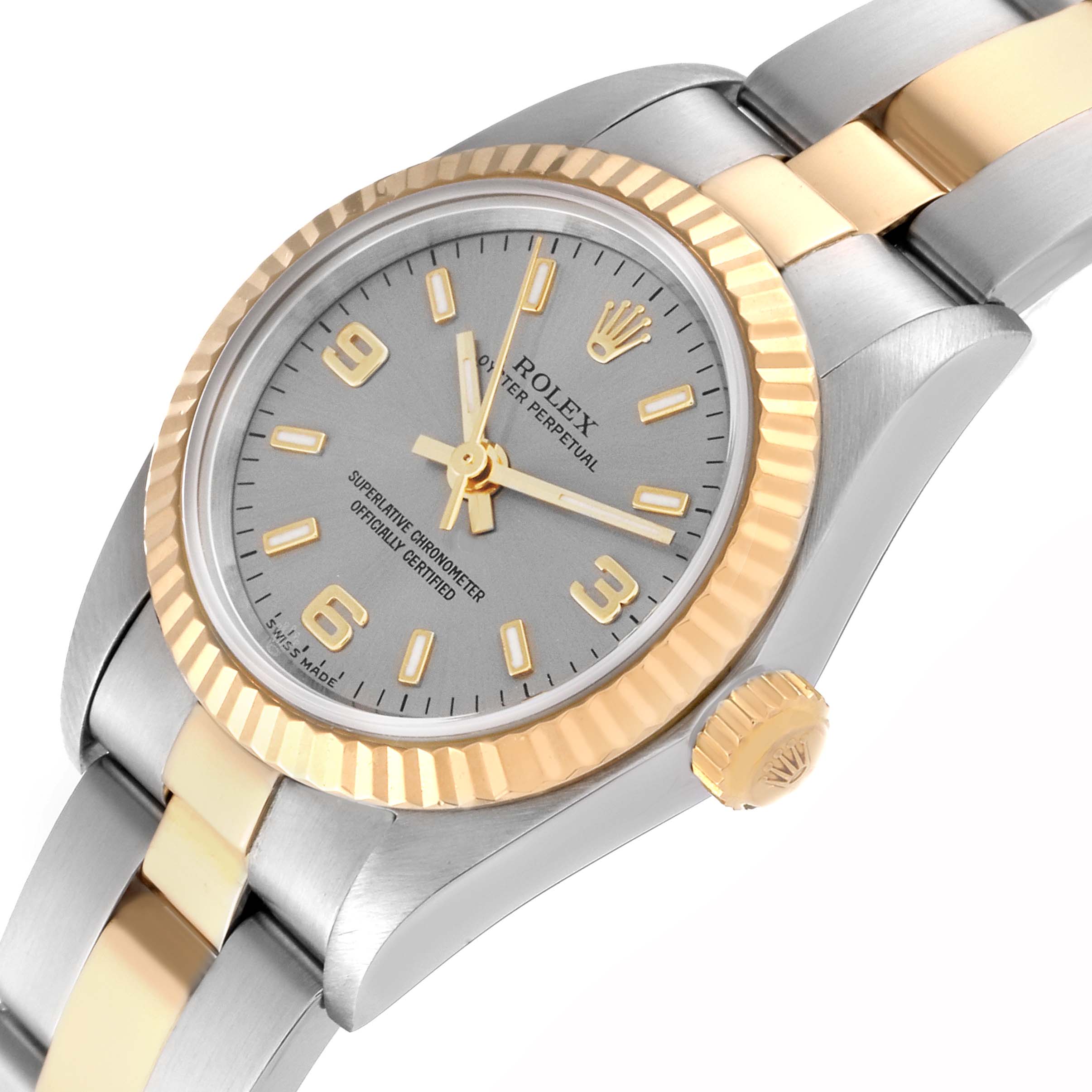 The image shows an angled view of the Rolex Oyster Perpetual 76193 Women's Stainless Steel Grey Dial 76193 Women's Stainless Steel Grey Dial watch, highlighting its dial, bezel, crown, and part of the bracelet.