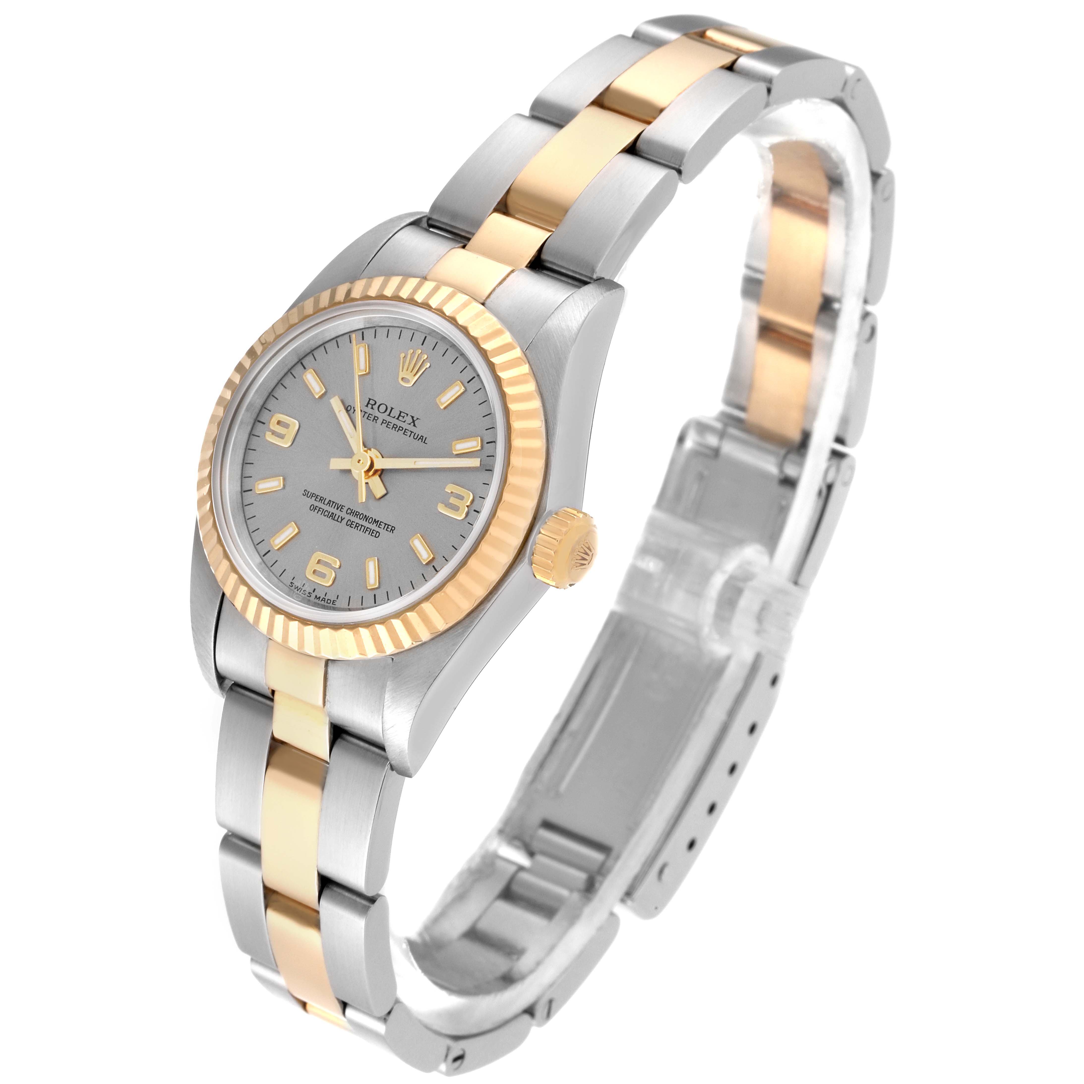 The image shows an angled view of a Rolex Oyster Perpetual 76193 Women's Stainless Steel Grey Dial 76193 Women's Stainless Steel Grey Dial watch, highlighting the two-tone bracelet, bezel, and dial.