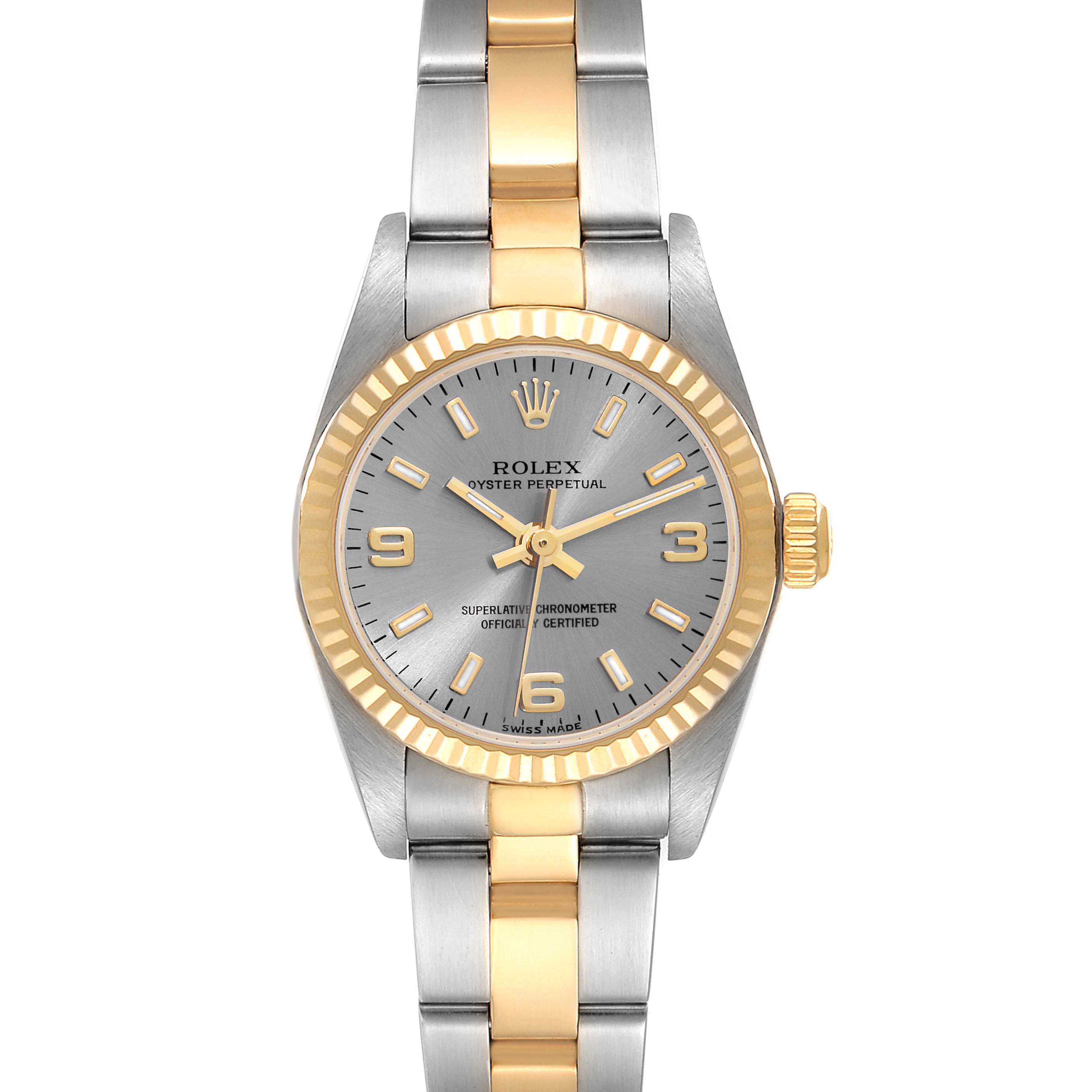 This image shows a front view of a Rolex Oyster Perpetual 76193 Women's Stainless Steel Grey Dial 76193 Women's Stainless Steel Grey Dial watch, highlighting its two-tone bracelet and fluted bezel.