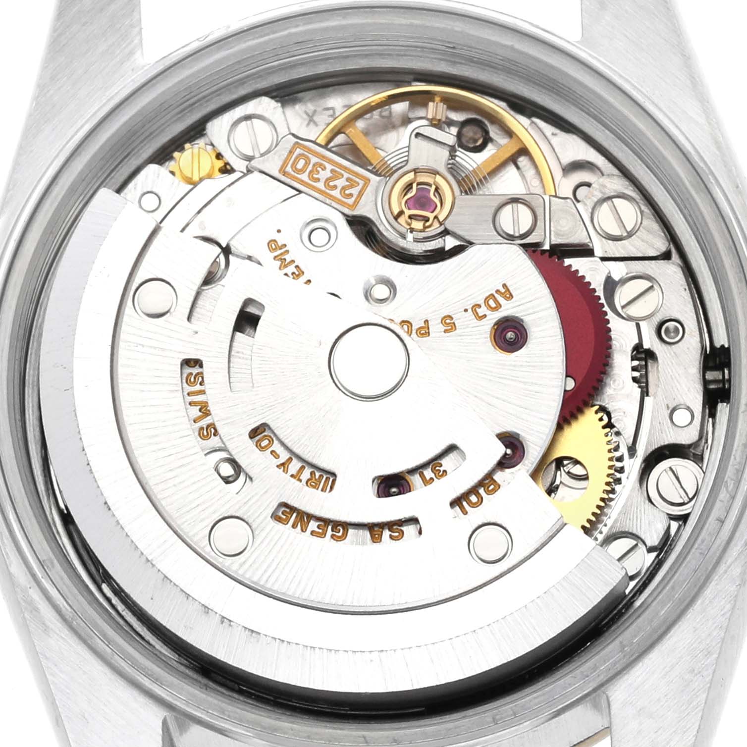 This is a close-up view of the movement mechanism inside a Rolex Oyster Perpetual 76193 Women's Stainless Steel Grey Dial 76193 Women's Stainless Steel Grey Dial watch.