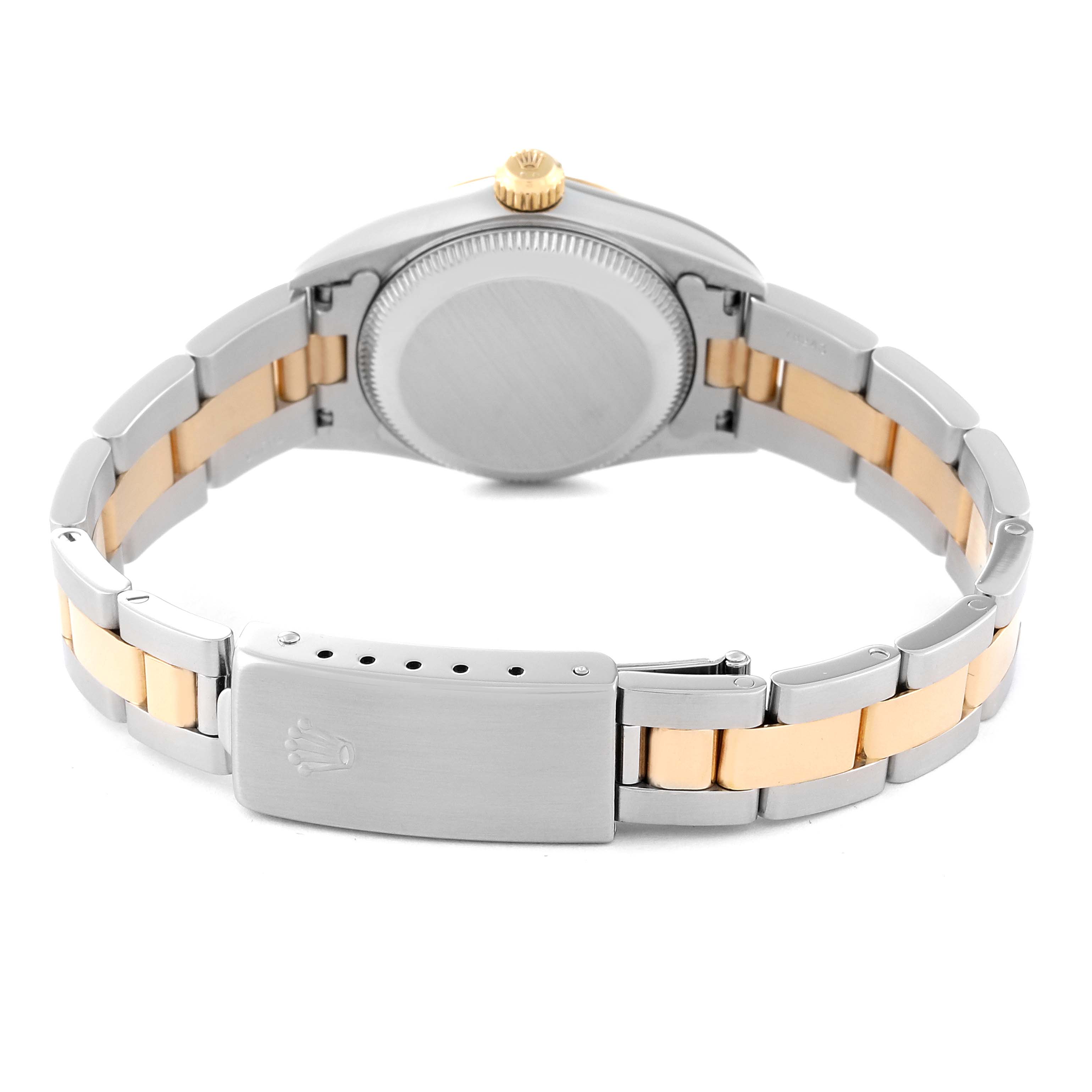 The image shows the back view of a Rolex Oyster Perpetual 76193 Women's Stainless Steel Grey Dial 76193 Women's Stainless Steel Grey Dial watch, highlighting the case back, bracelet, and clasp.