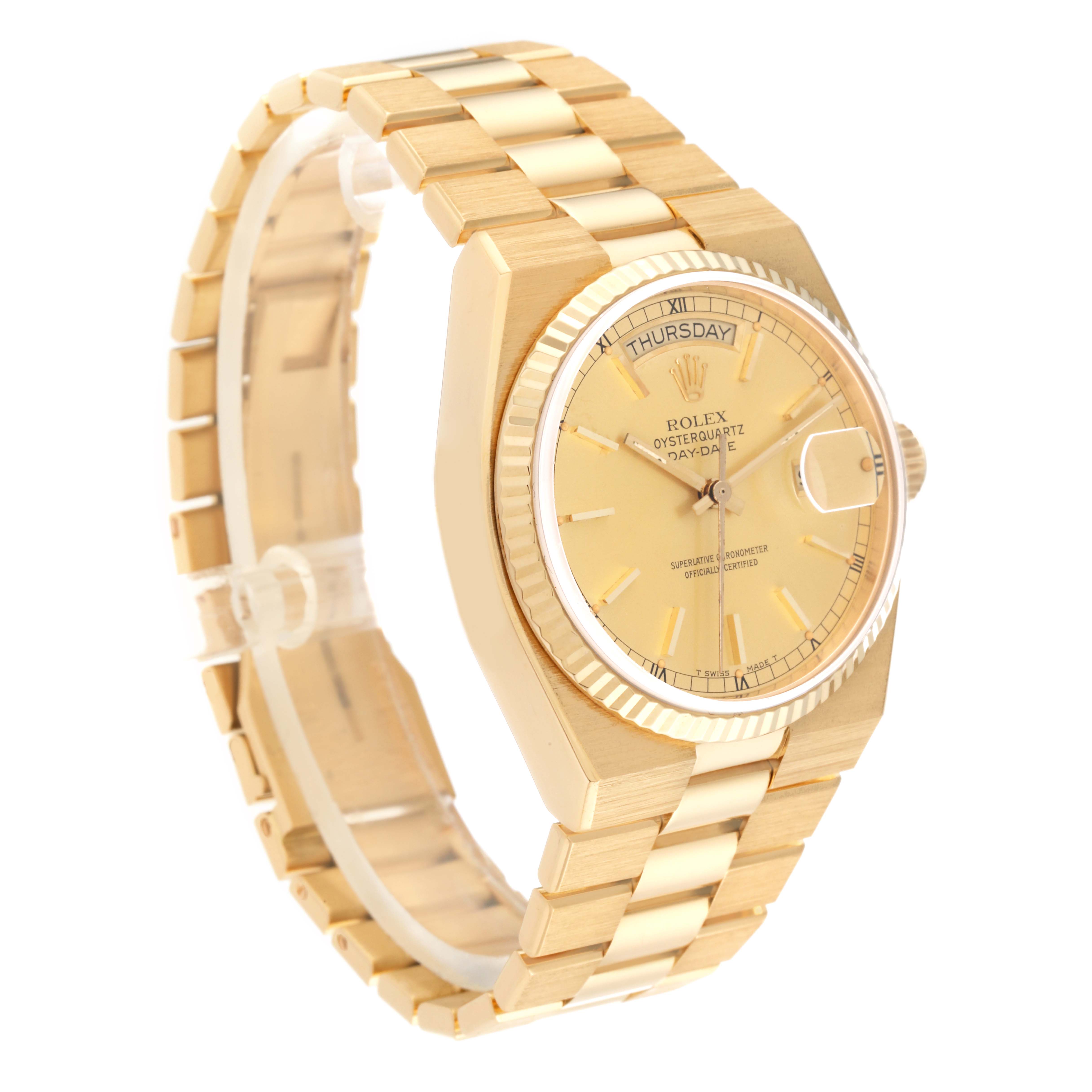 The angle shows the front and side of the Rolex Oysterquartz 19018 Men's Yellow Gold Champagne Dial 19018 Men's Yellow Gold Champagne Dial watch, showcasing the dial, case, and bracelet.