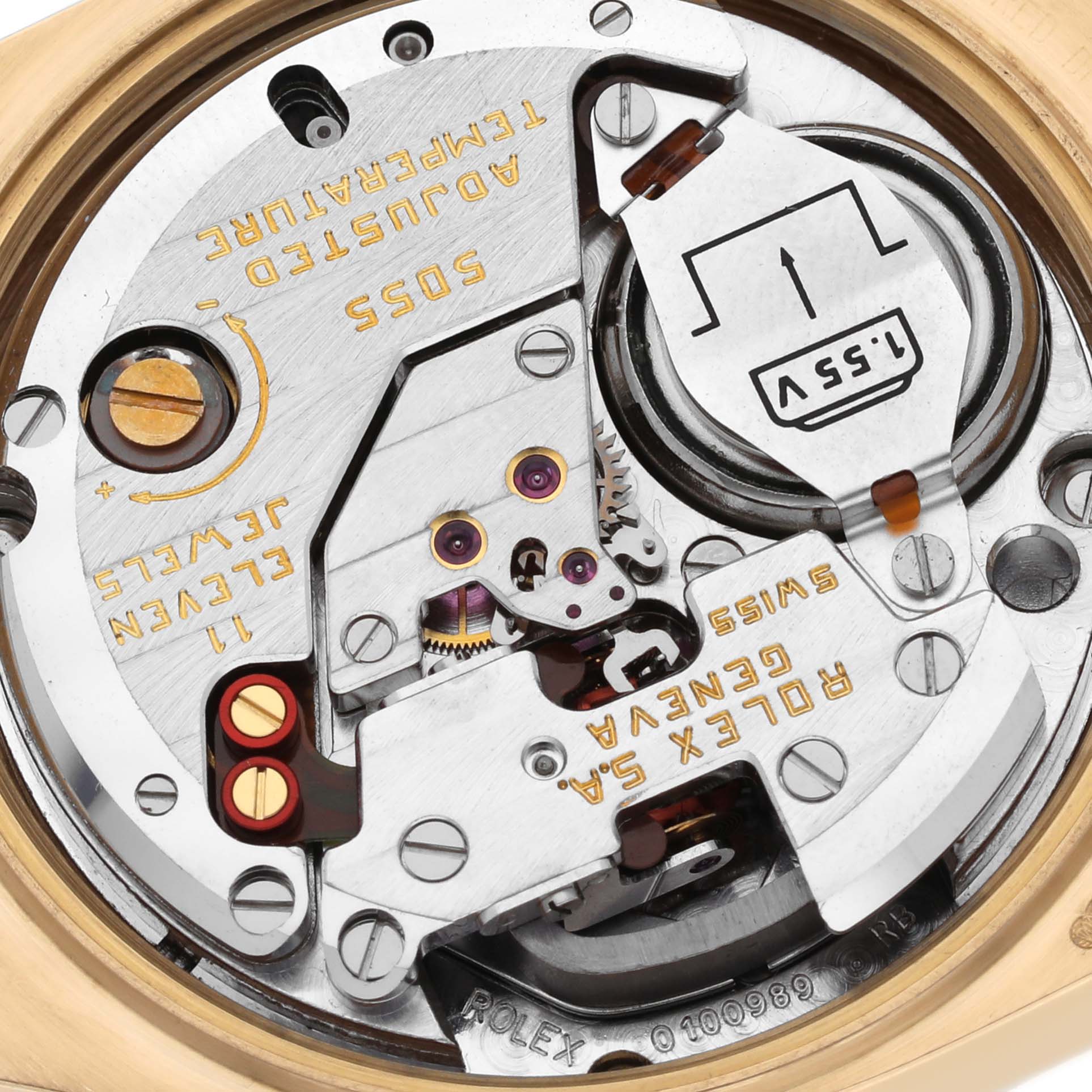 The image shows a close-up view of the movement mechanism of an Oysterquartz model by Rolex.